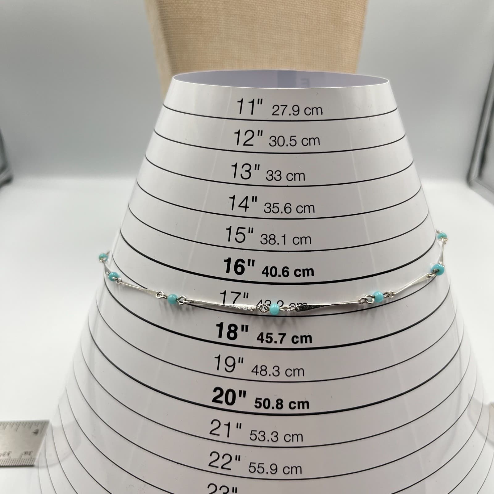 Vintage Retro Silver Tone Bar & Turquoise Blue Bead Station Necklace 17" Choker - Thumbnail 6