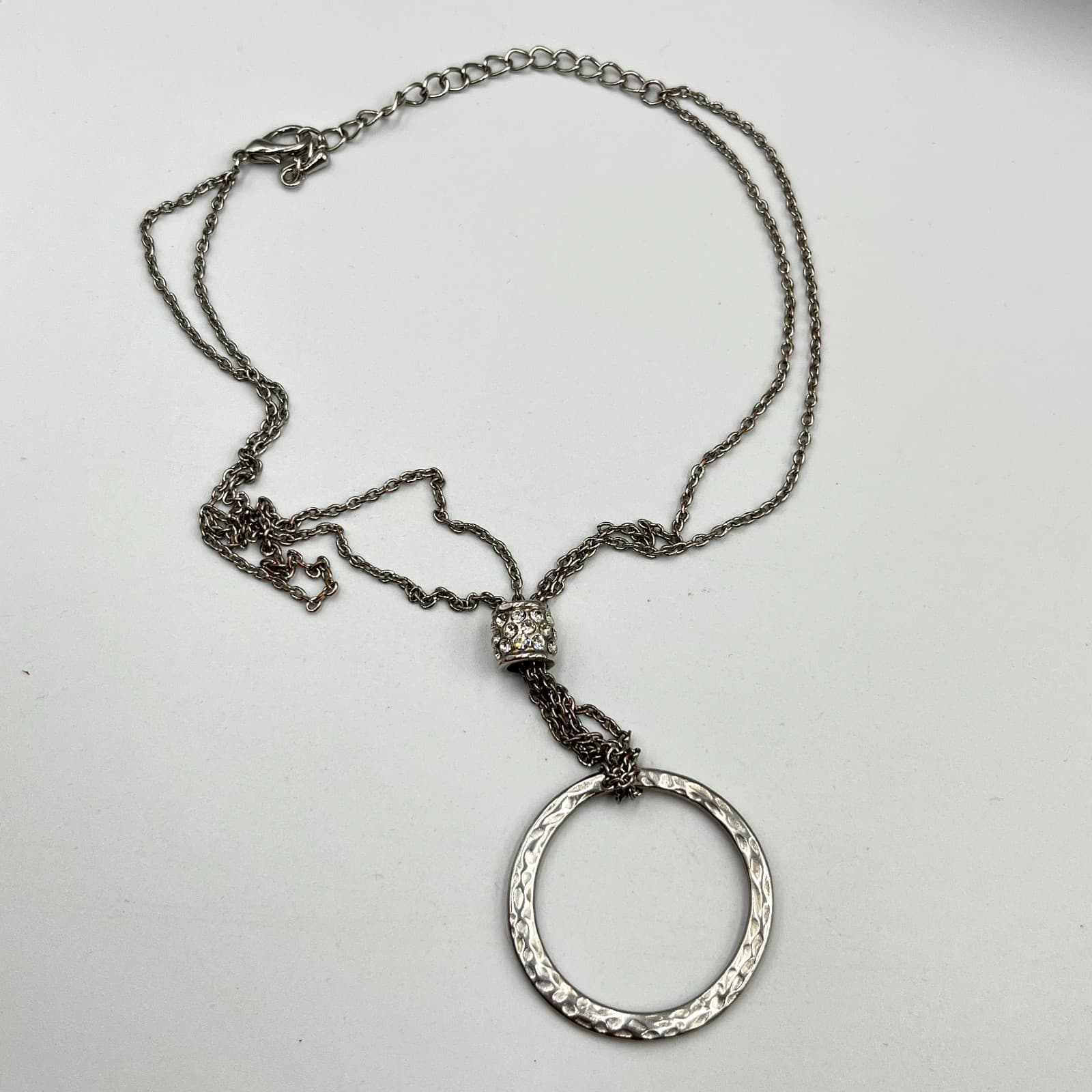 Vintage Silver Tone Hammered Hoop Pendant Necklace Rhinestone Slide Y2K Retro - Thumbnail 2