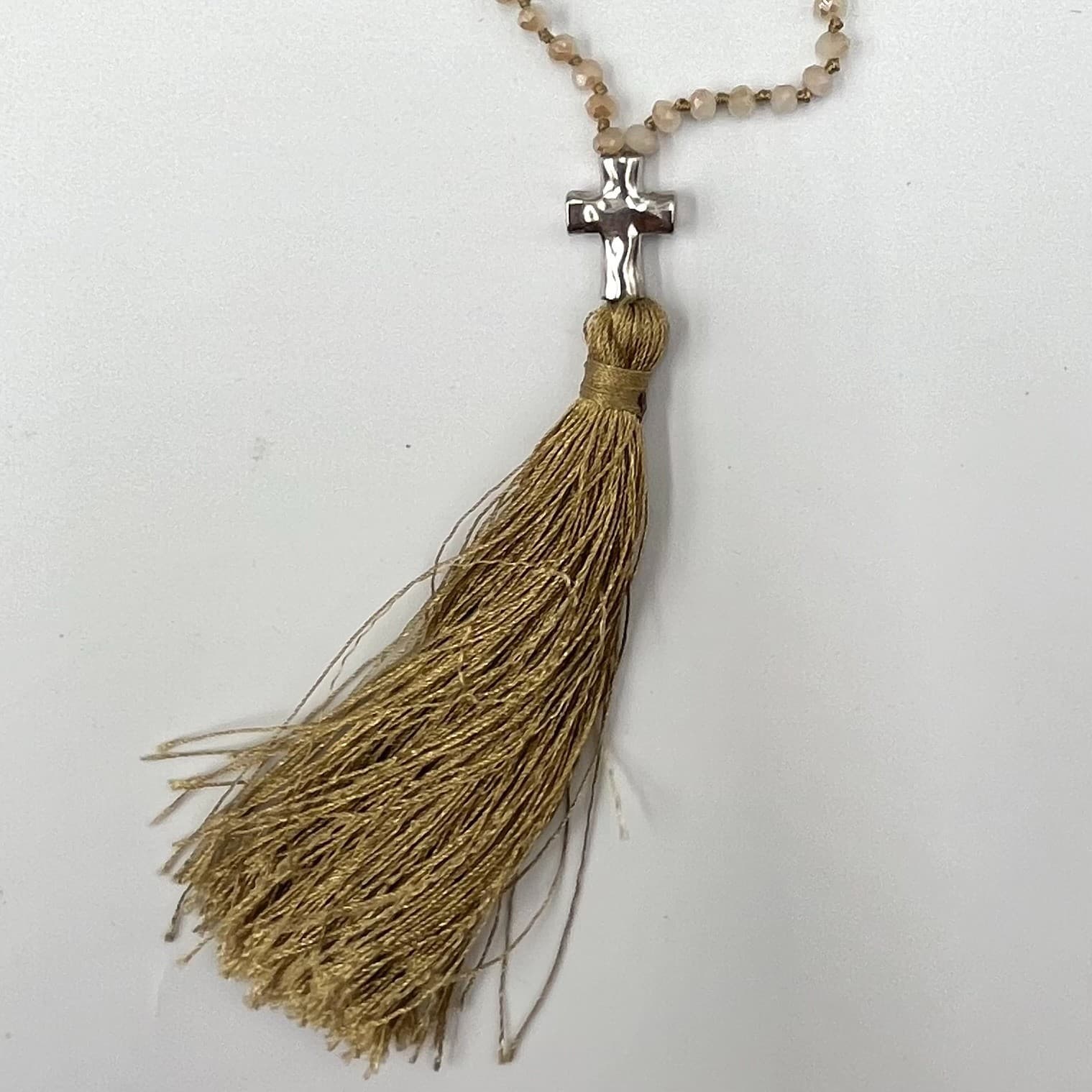 Vintage Y2K Boho Crystal Bead Long Tassel Cross Necklace – Beige/Gold Classic - Thumbnail 3