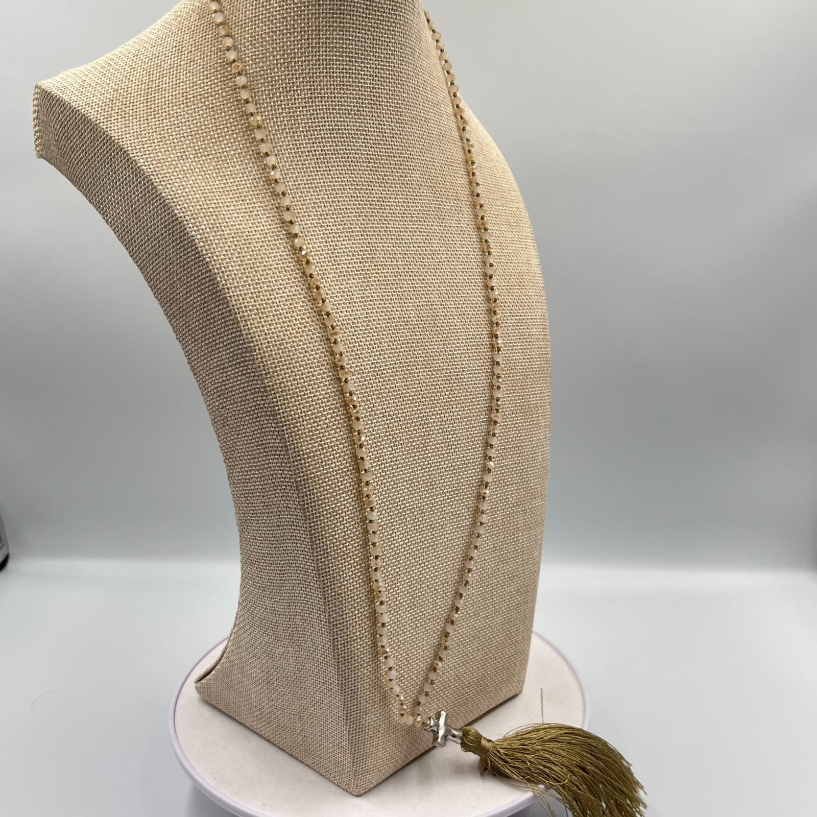 Vintage Y2K Boho Crystal Bead Long Tassel Cross Necklace – Beige/Gold Classic - Thumbnail 6