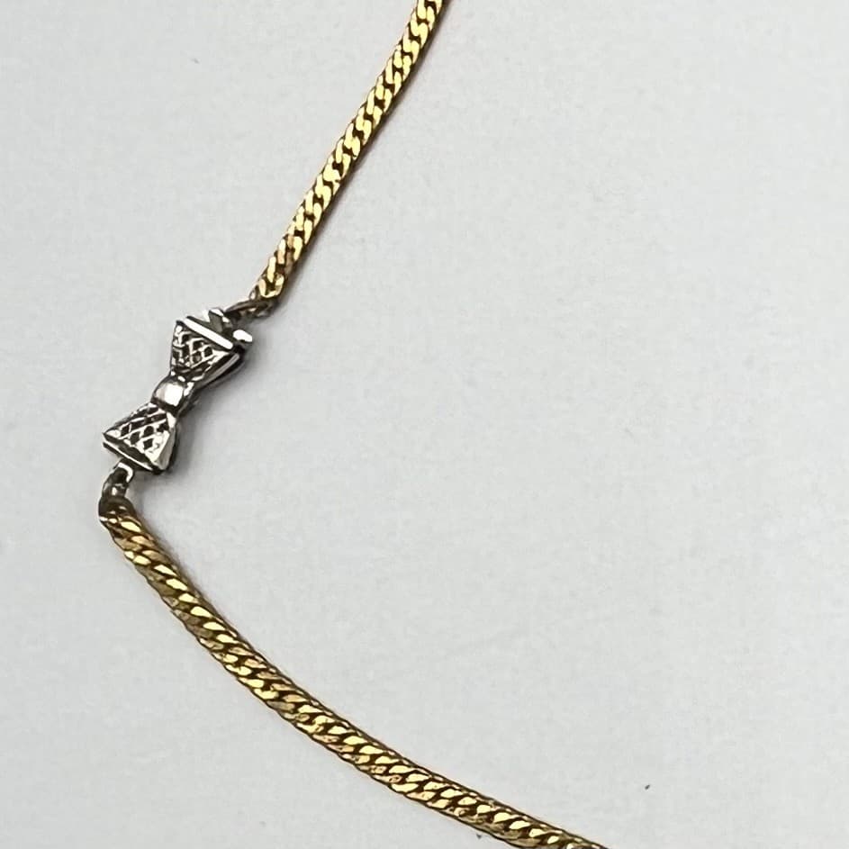 Vintage Gold Tone Herringbone Chain Necklace Silver Tone Bow Clasp 20" - Thumbnail 2