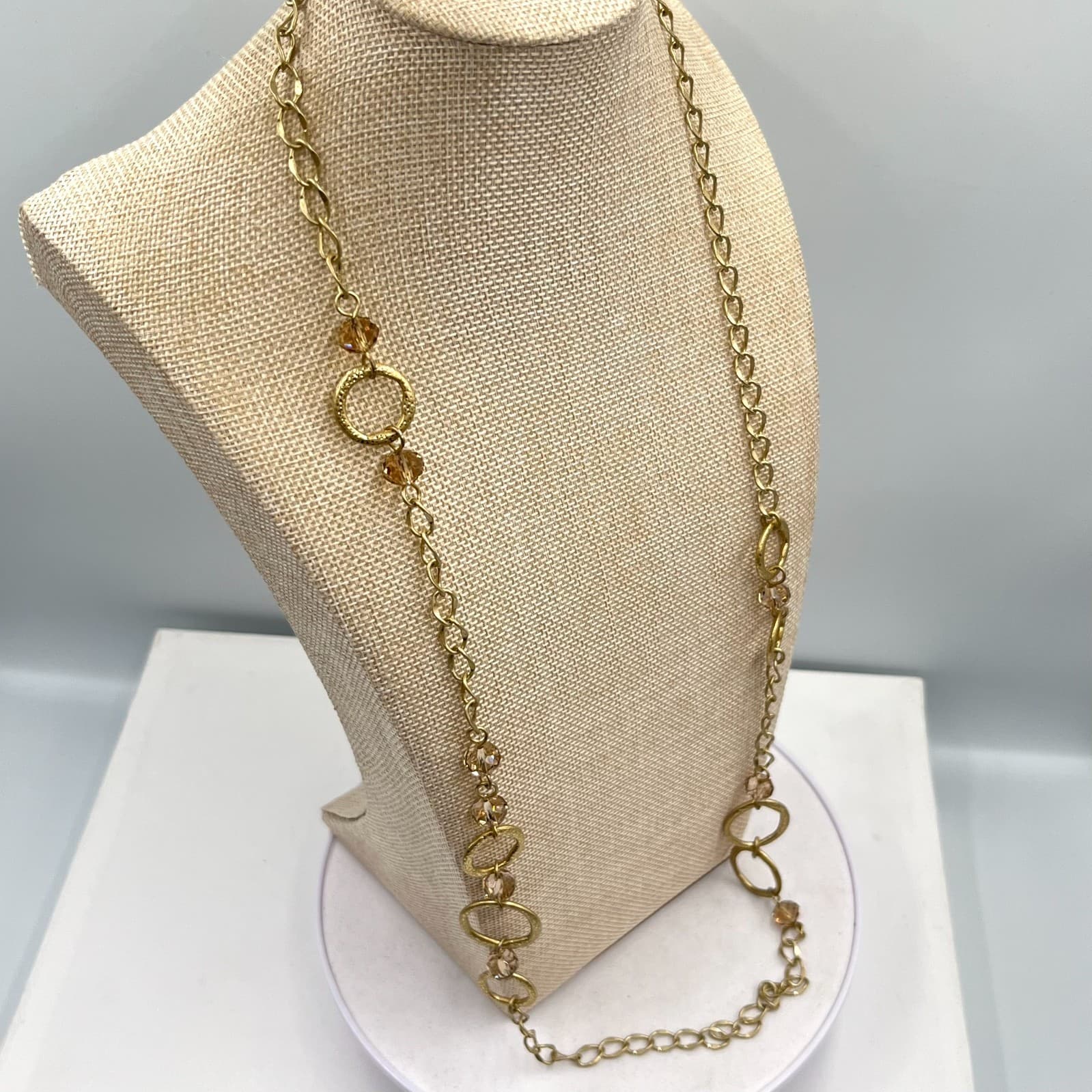 Vintage LOFT Gold Tone Long Station Necklace Smoky Amber Crystal Beads Chunky - Thumbnail 7