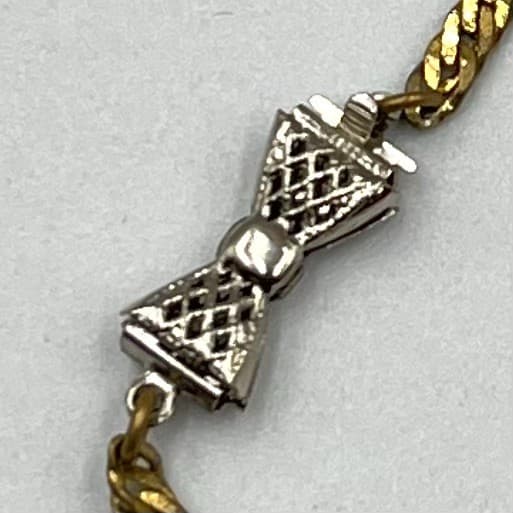 Vintage Gold Tone Herringbone Chain Necklace Silver Tone Bow Clasp 20" - Thumbnail 4