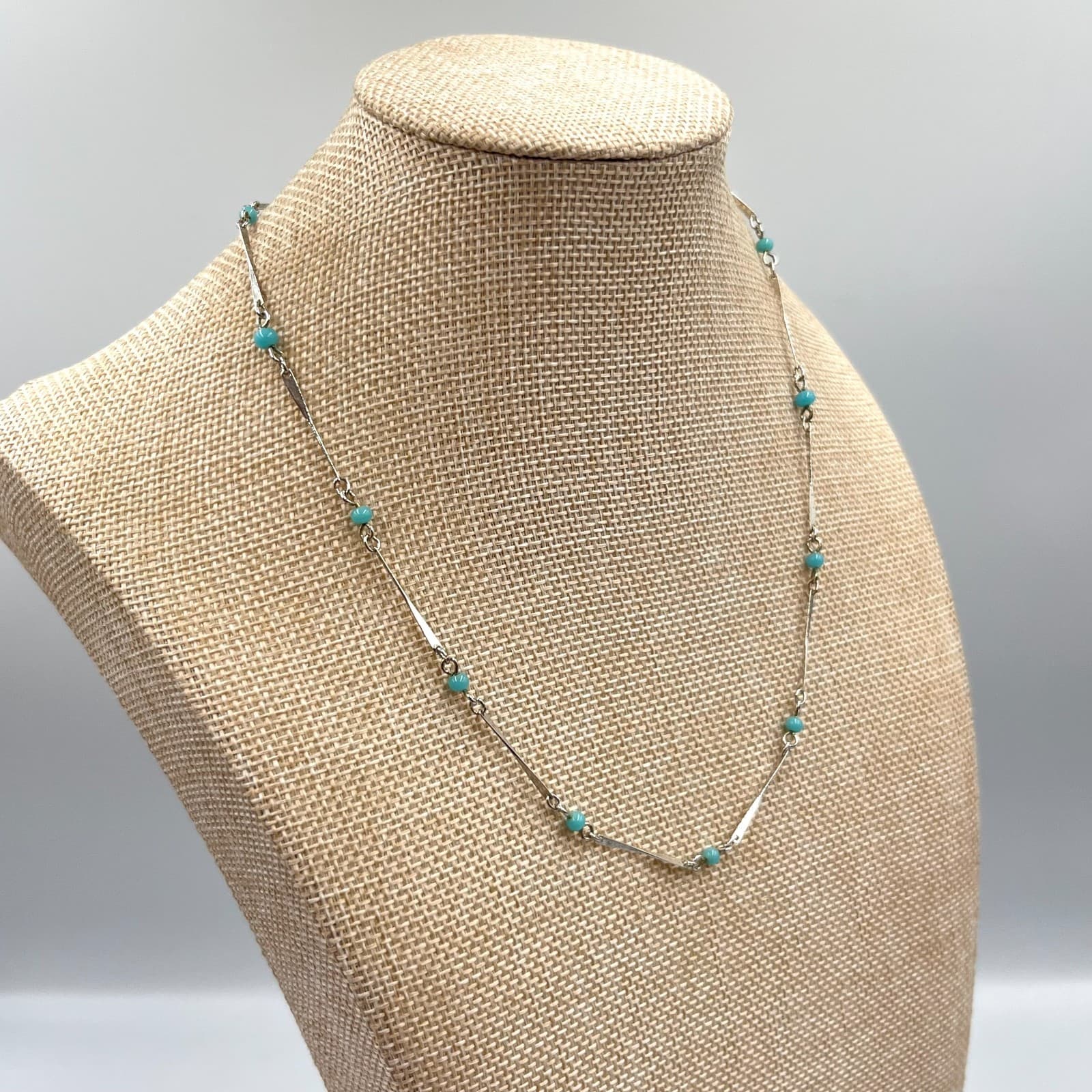 Vintage Retro Silver Tone Bar & Turquoise Blue Bead Station Necklace 17" Choker - Thumbnail 4