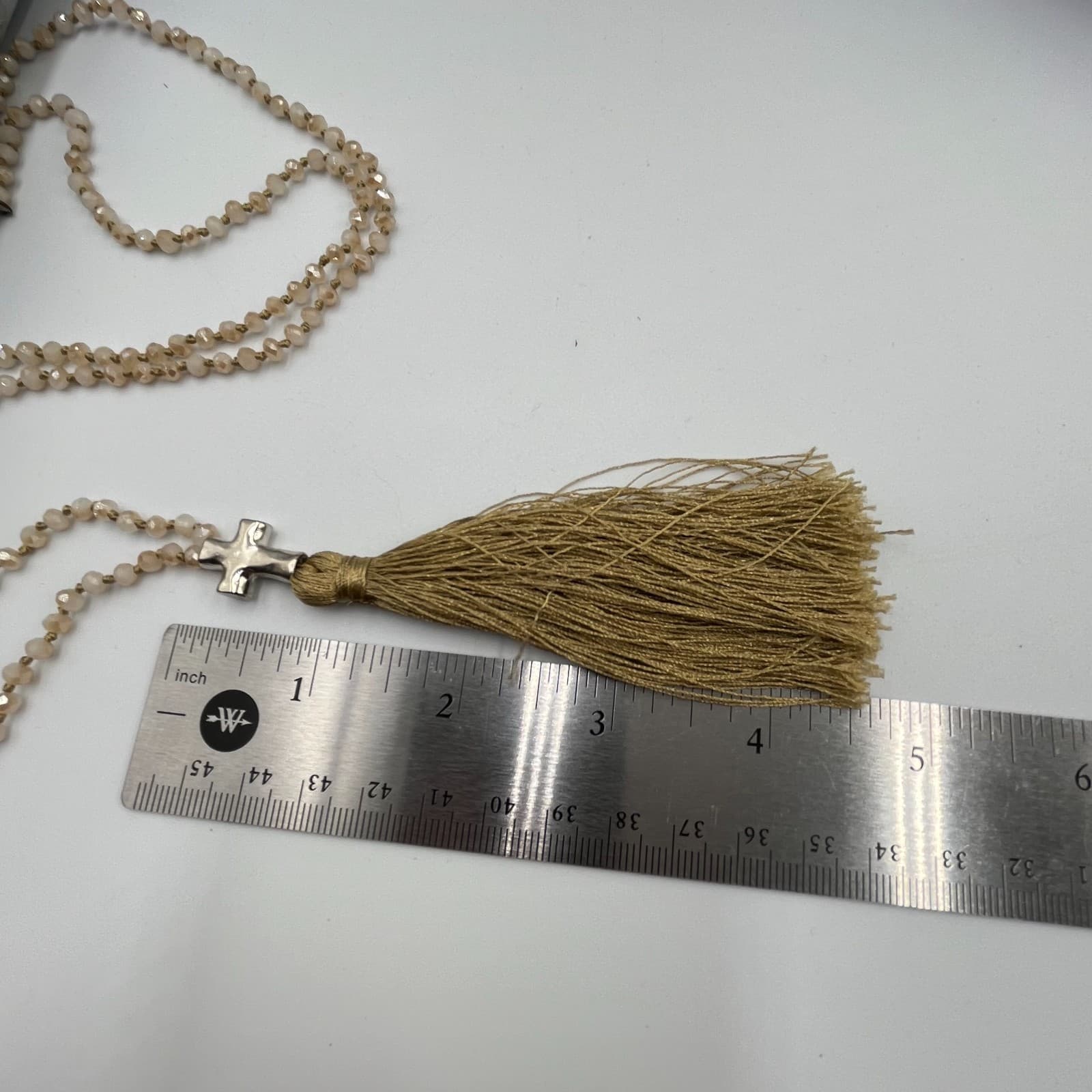Vintage Y2K Boho Crystal Bead Long Tassel Cross Necklace – Beige/Gold Classic - Thumbnail 8