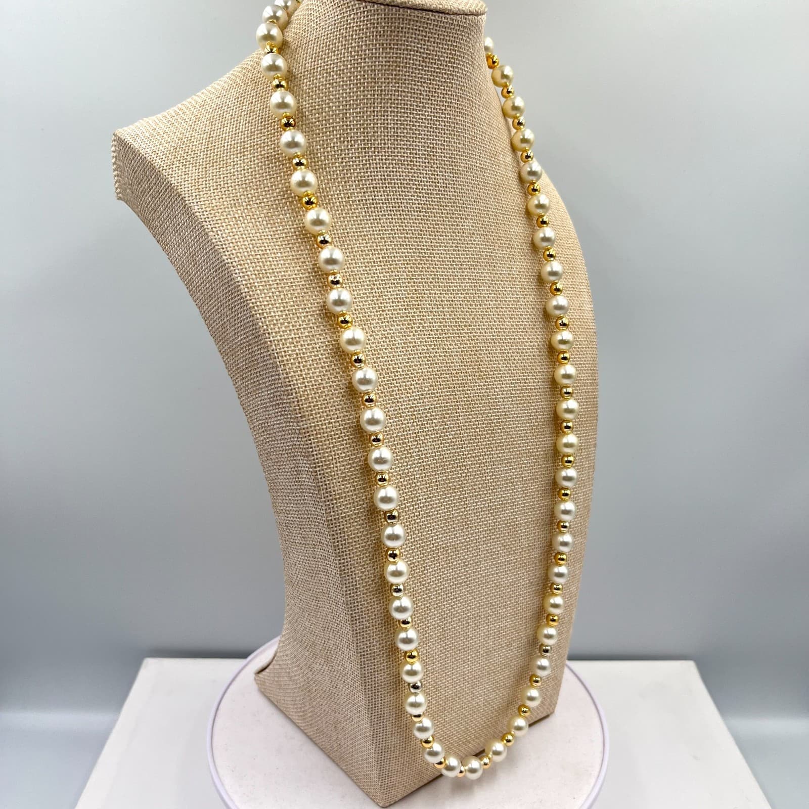 Vintage Cream Faux Pearl & Gold Tone Bead Operetta Necklace Long Retro Chic - Thumbnail 5
