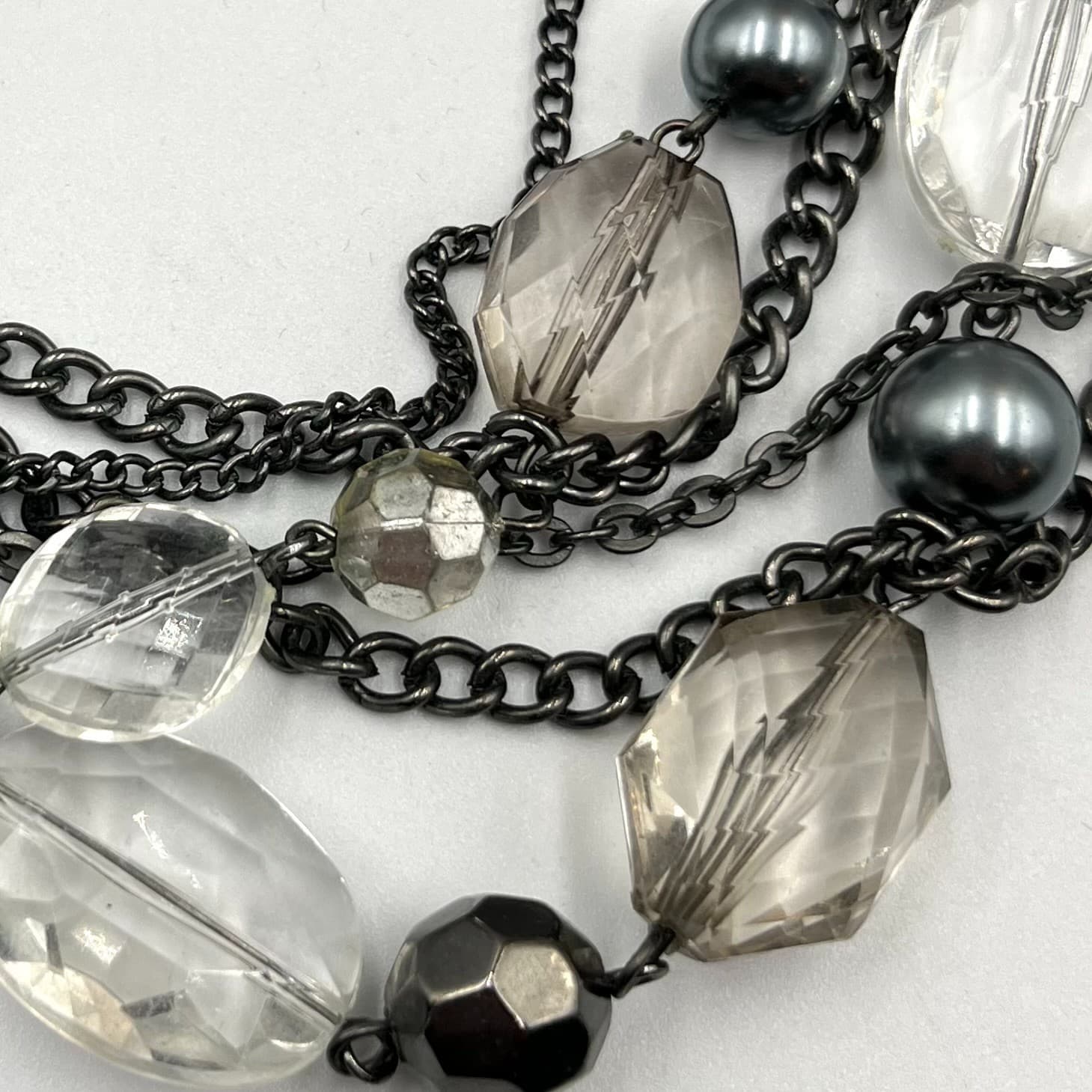 Vintage Y2K Gunmetal Multi-Strand Statement Necklace Clear & Gray Beads Fashion - Thumbnail 3