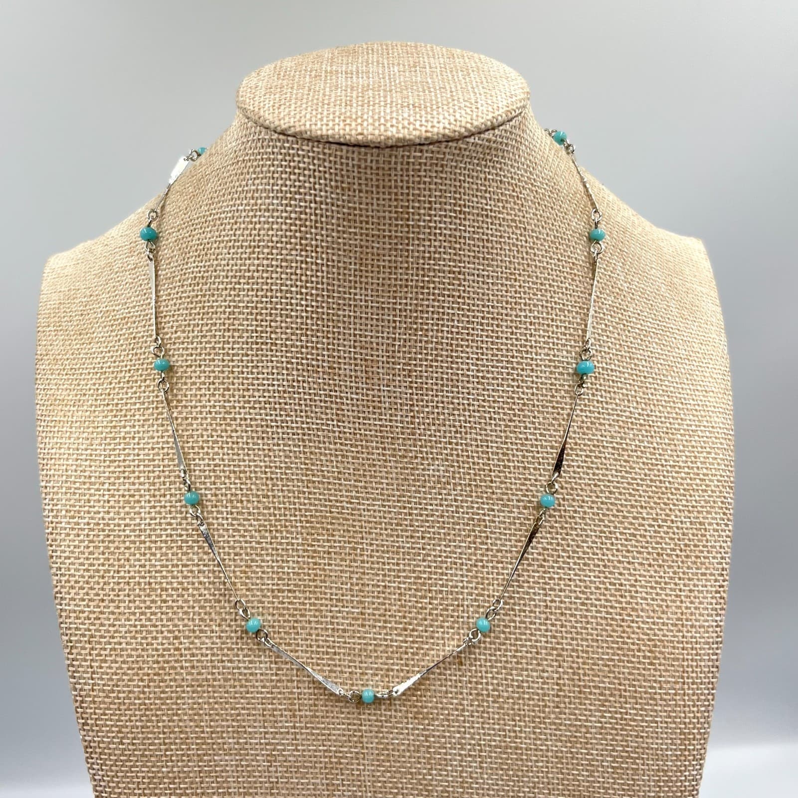 Vintage Retro Silver Tone Bar & Turquoise Blue Bead Station Necklace 17" Choker - Thumbnail 3
