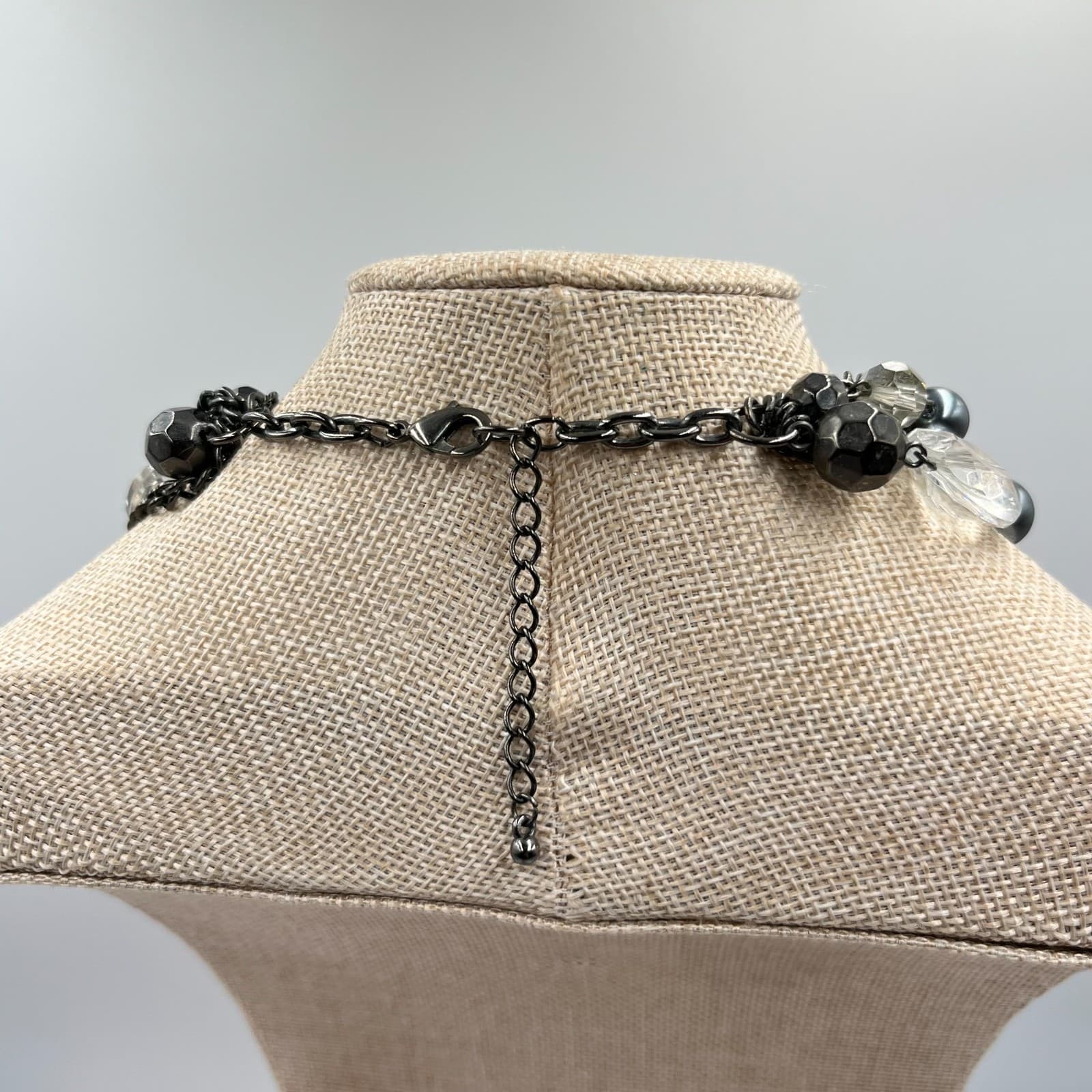 Vintage Y2K Gunmetal Multi-Strand Statement Necklace Clear & Gray Beads Fashion - Thumbnail 5