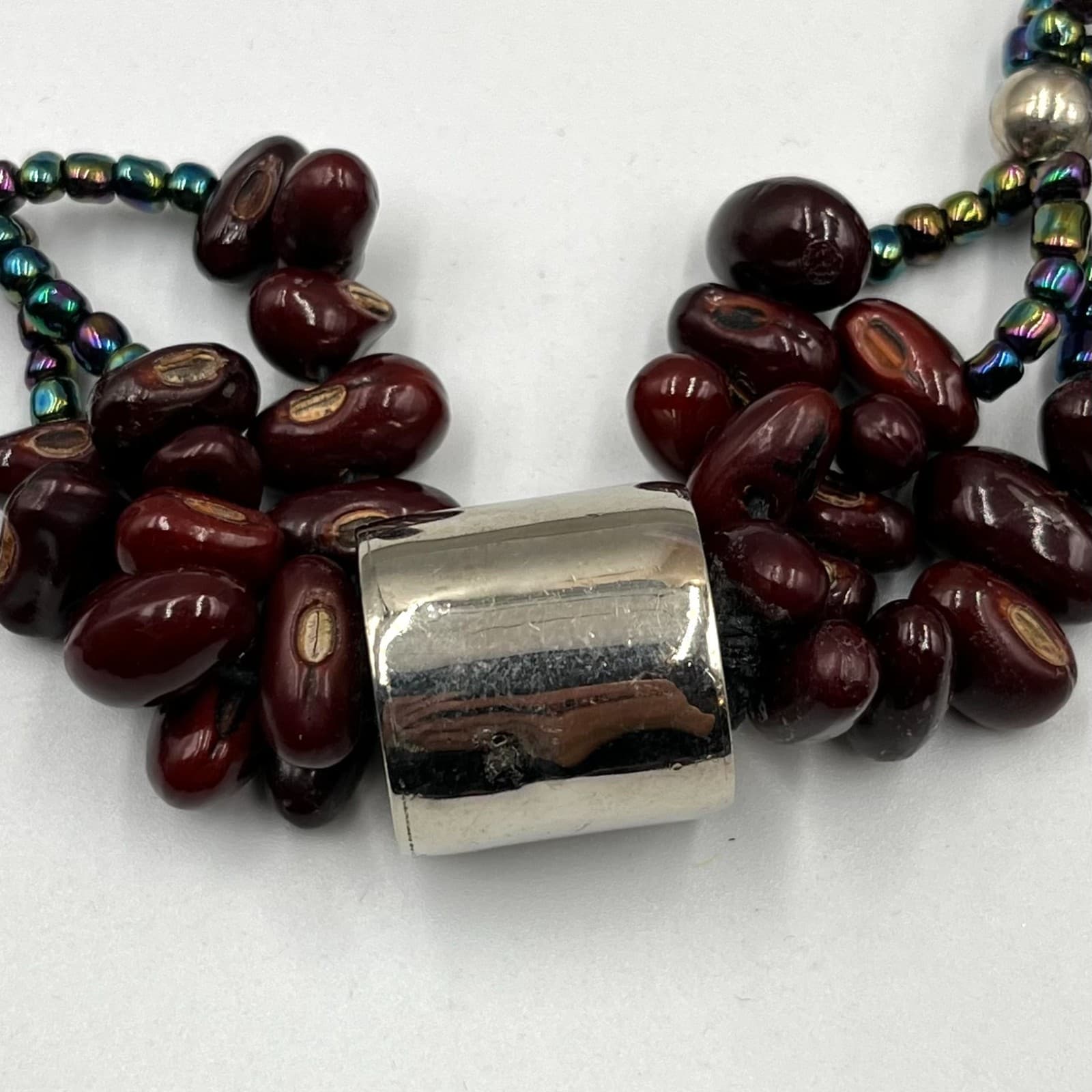 Vintage Boho Brown Seed Bead & Iridescent Glass Multi-Strand Statement Necklace - Thumbnail 3
