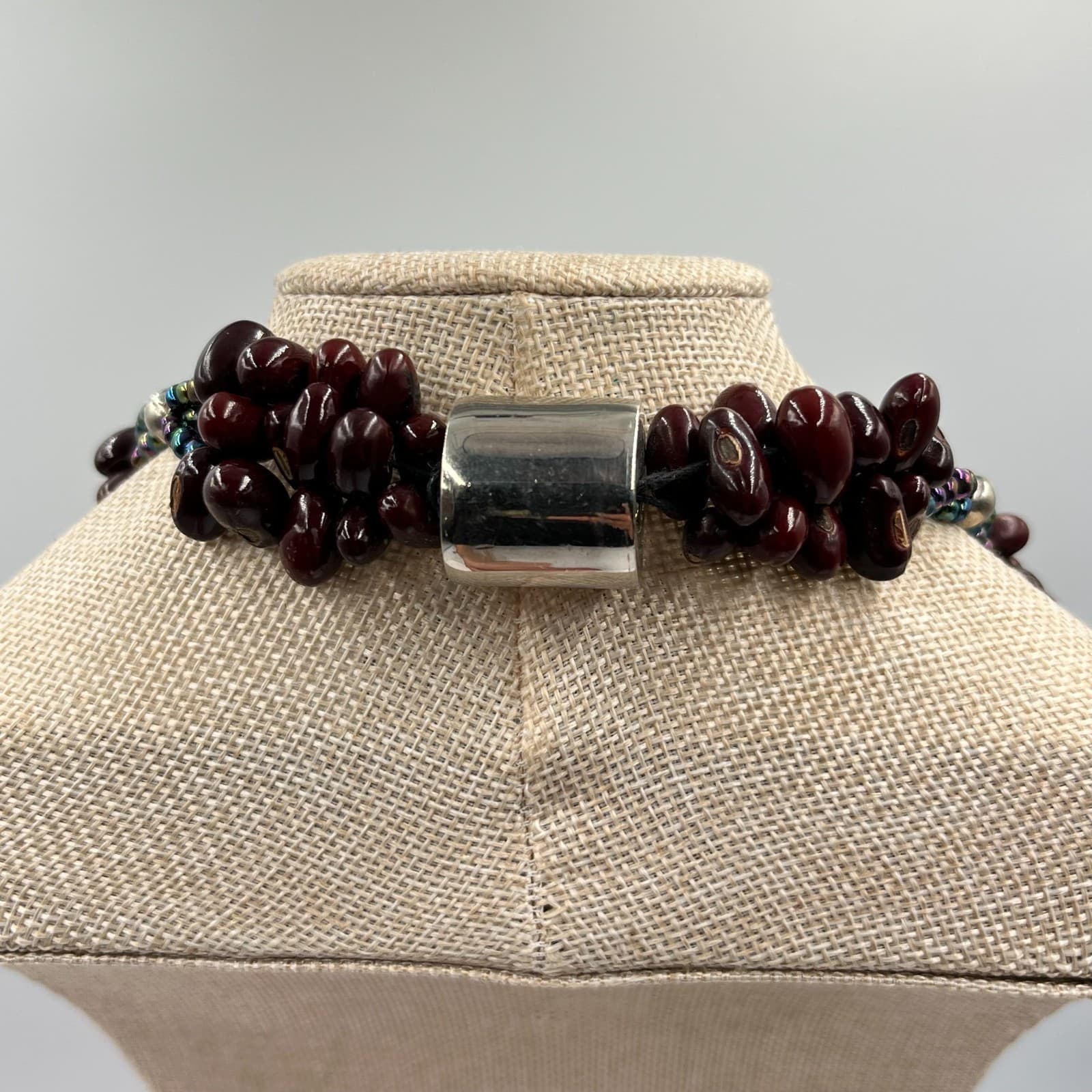 Vintage Boho Brown Seed Bead & Iridescent Glass Multi-Strand Statement Necklace - Thumbnail 7