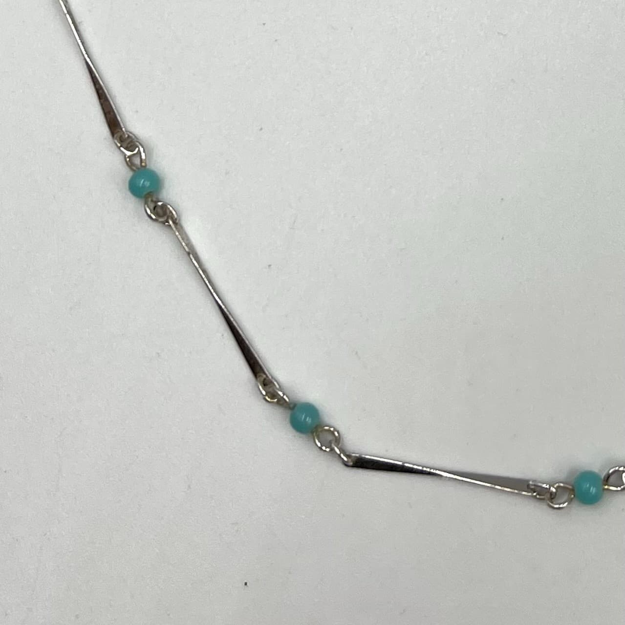 Vintage Retro Silver Tone Bar & Turquoise Blue Bead Station Necklace 17" Choker - Thumbnail 2
