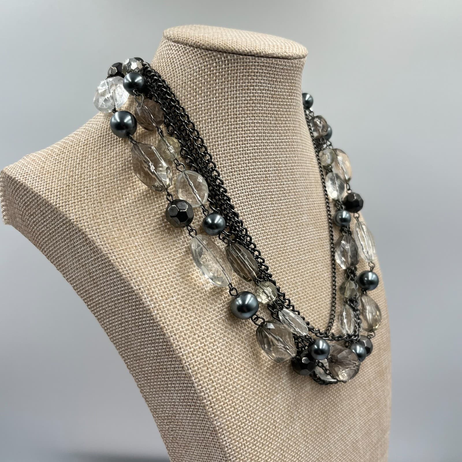 Vintage Y2K Gunmetal Multi-Strand Statement Necklace Clear & Gray Beads Fashion - Thumbnail 4