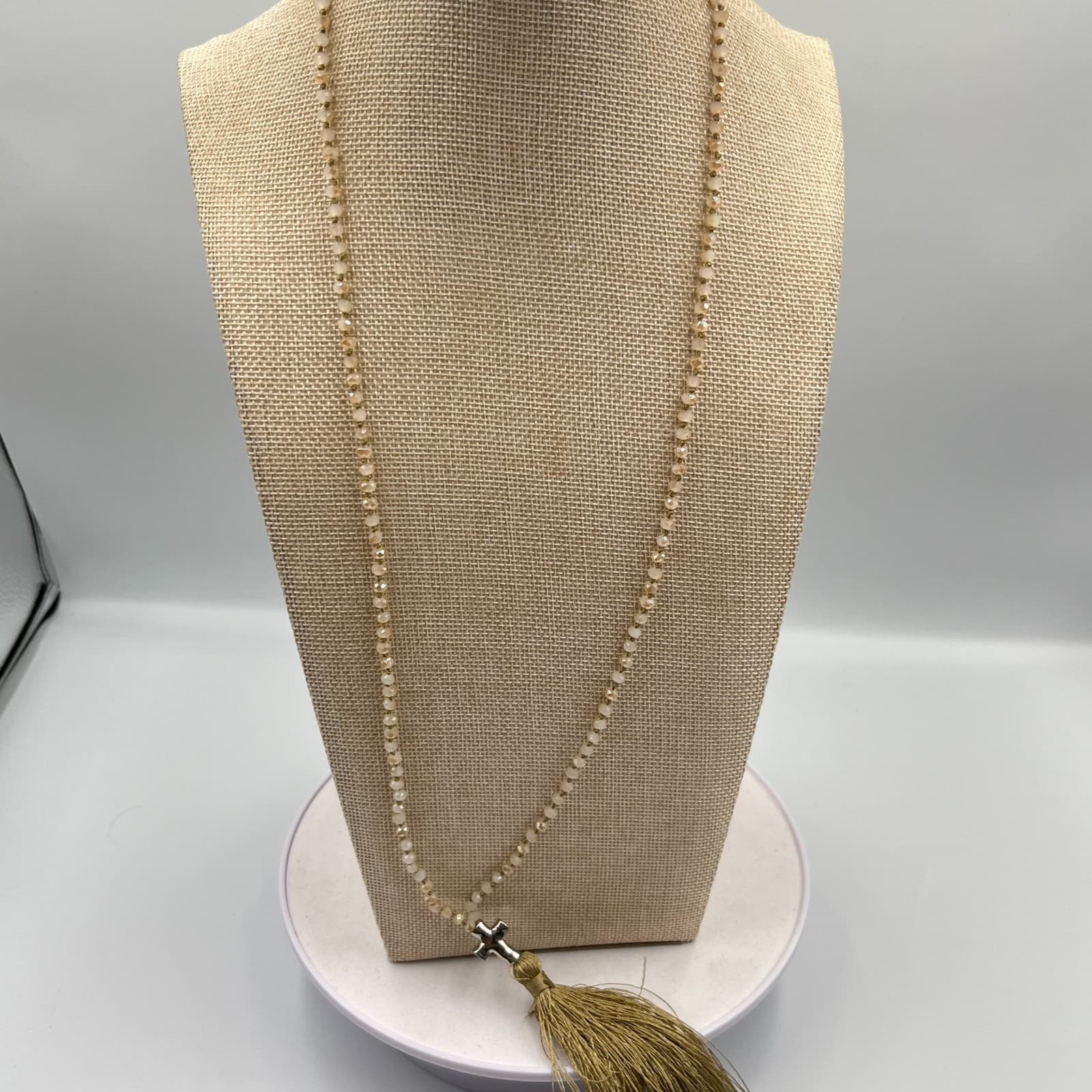 Vintage Y2K Boho Crystal Bead Long Tassel Cross Necklace – Beige/Gold Classic - Thumbnail 5