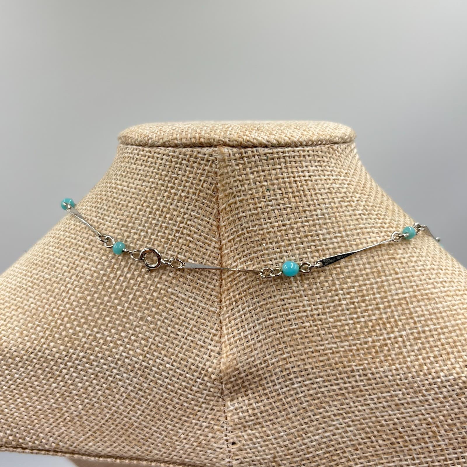 Vintage Retro Silver Tone Bar & Turquoise Blue Bead Station Necklace 17" Choker - Thumbnail 5