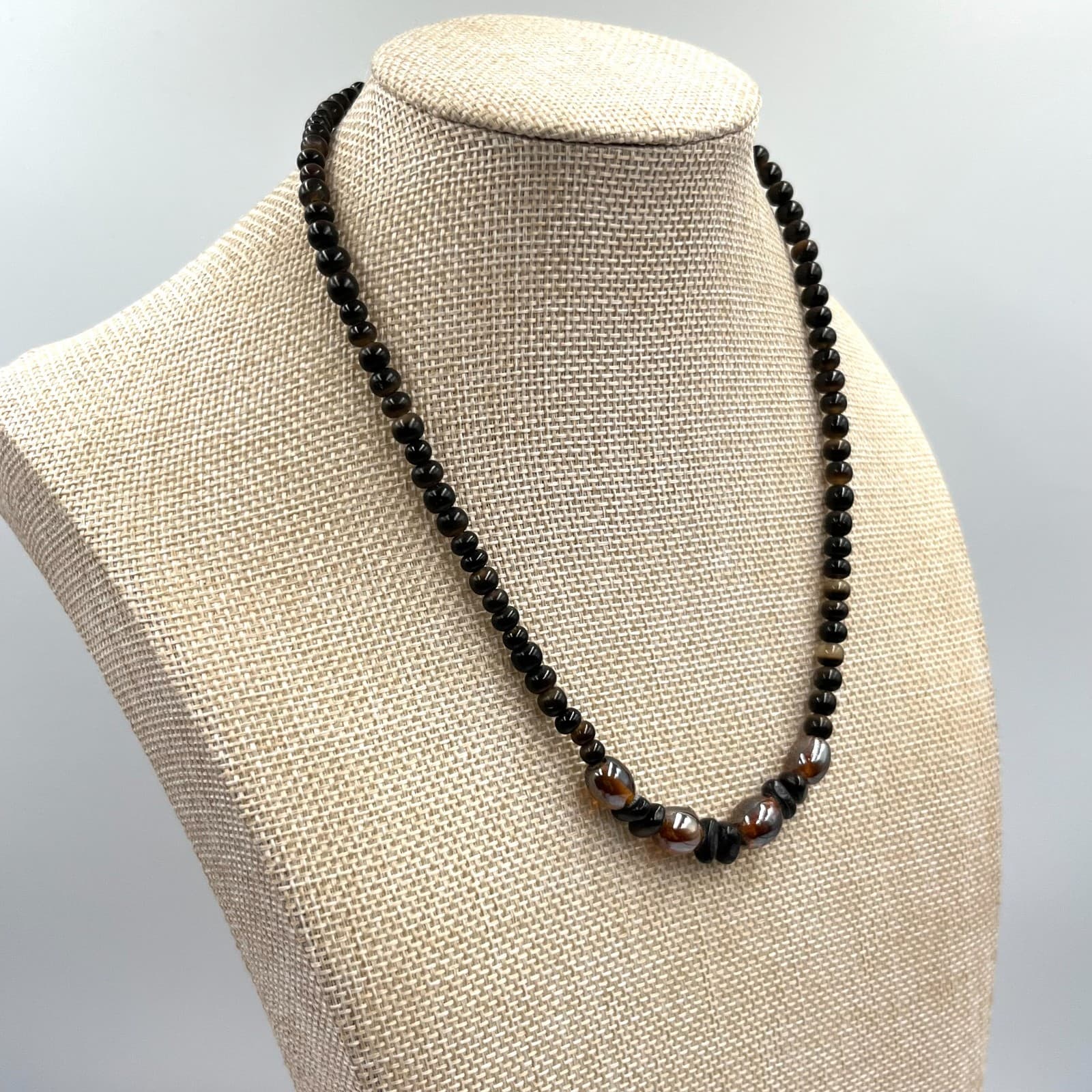 Vintage Earth Tone Tiger Eye & Glass Bead Choker Necklace Brown Boho Retro - Thumbnail 5