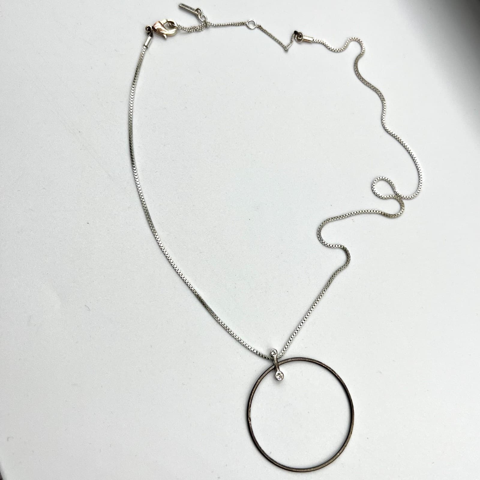 Vintage Pilgrim Silver Tone Circle Crystal Pendant Box Chain Necklace Minimalist - Thumbnail 2