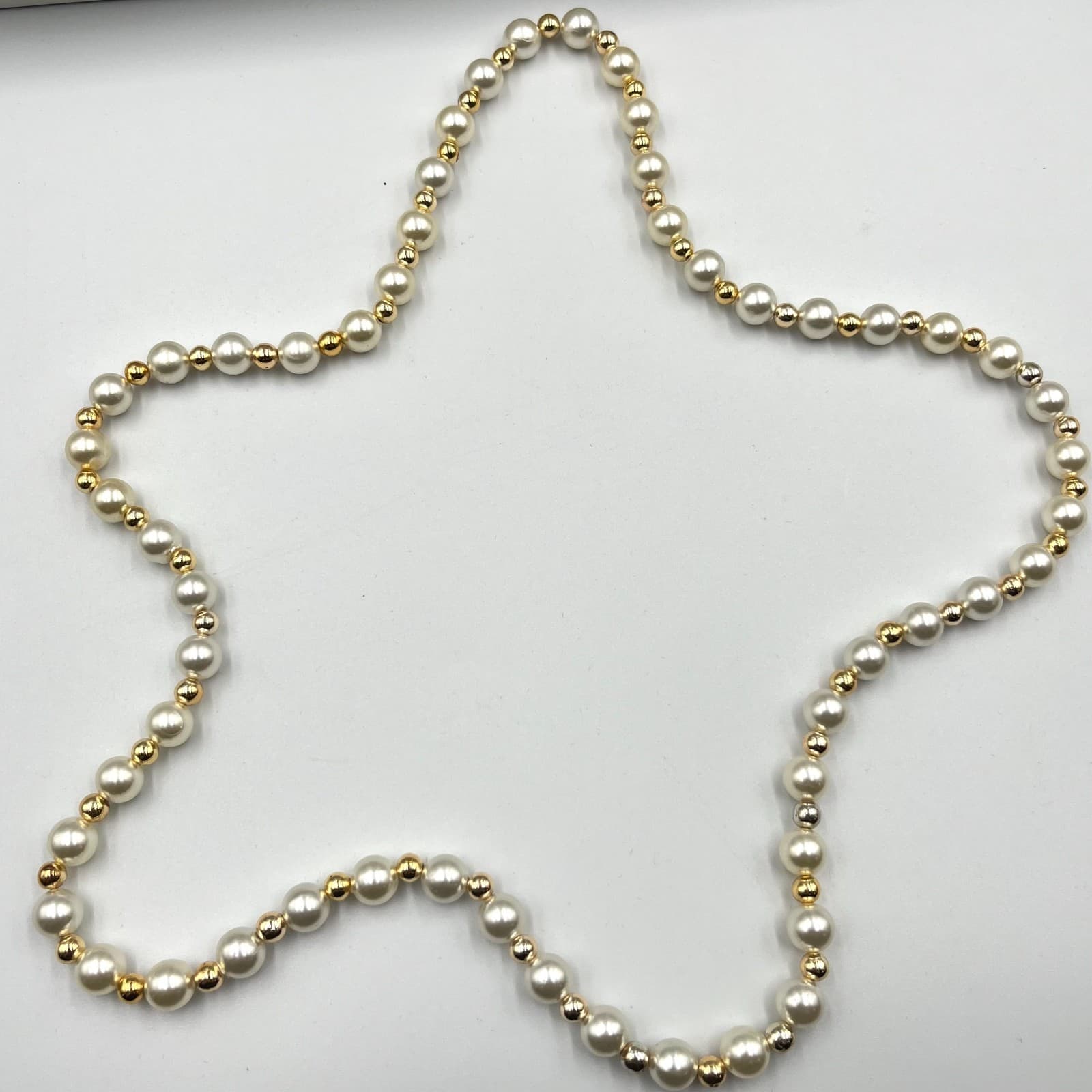 Vintage Cream Faux Pearl & Gold Tone Bead Operetta Necklace Long Retro Chic - Thumbnail 2