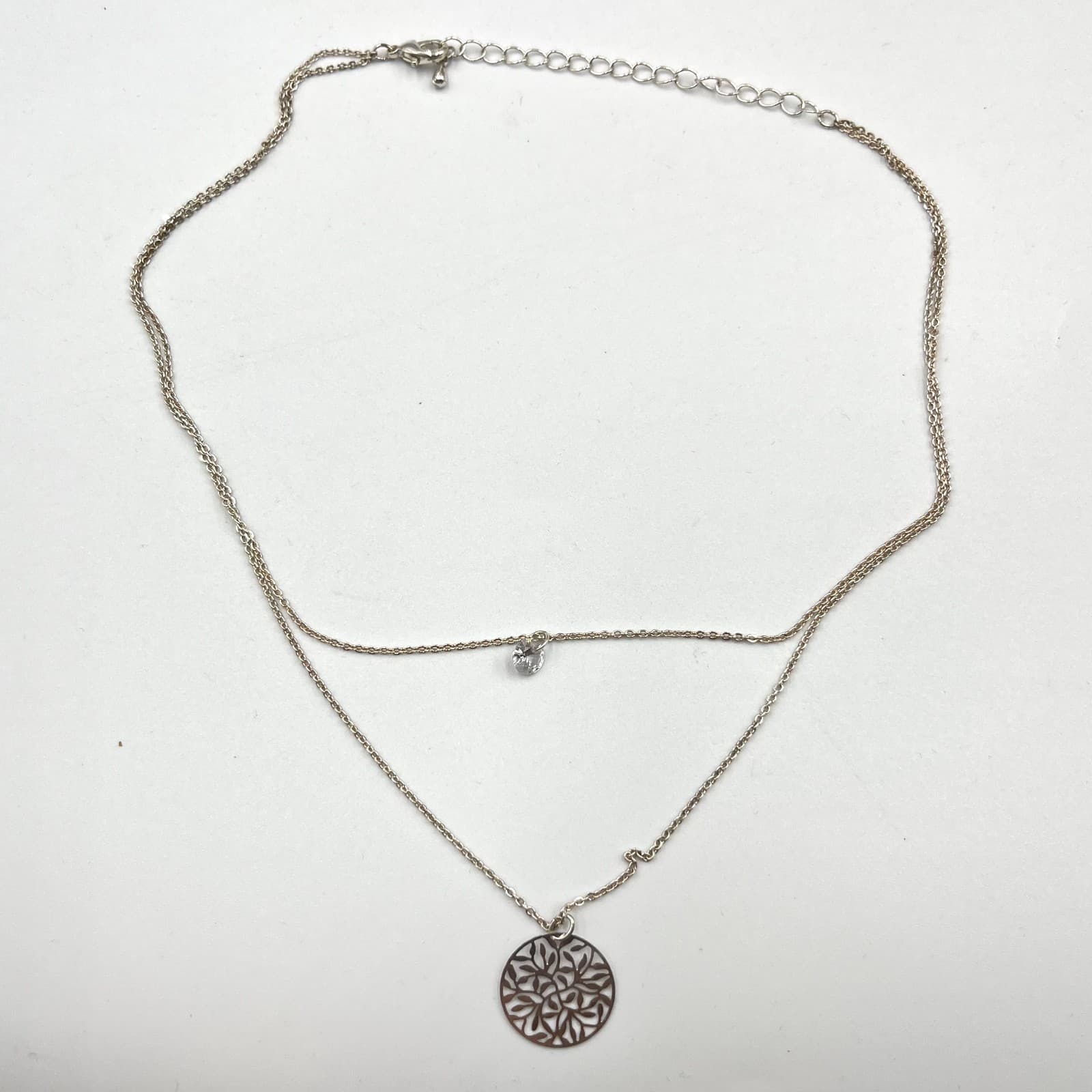 VTG Silver Tone Double Layer Filigree Floral Disc & Solitaire Crystal Necklace - Thumbnail 2