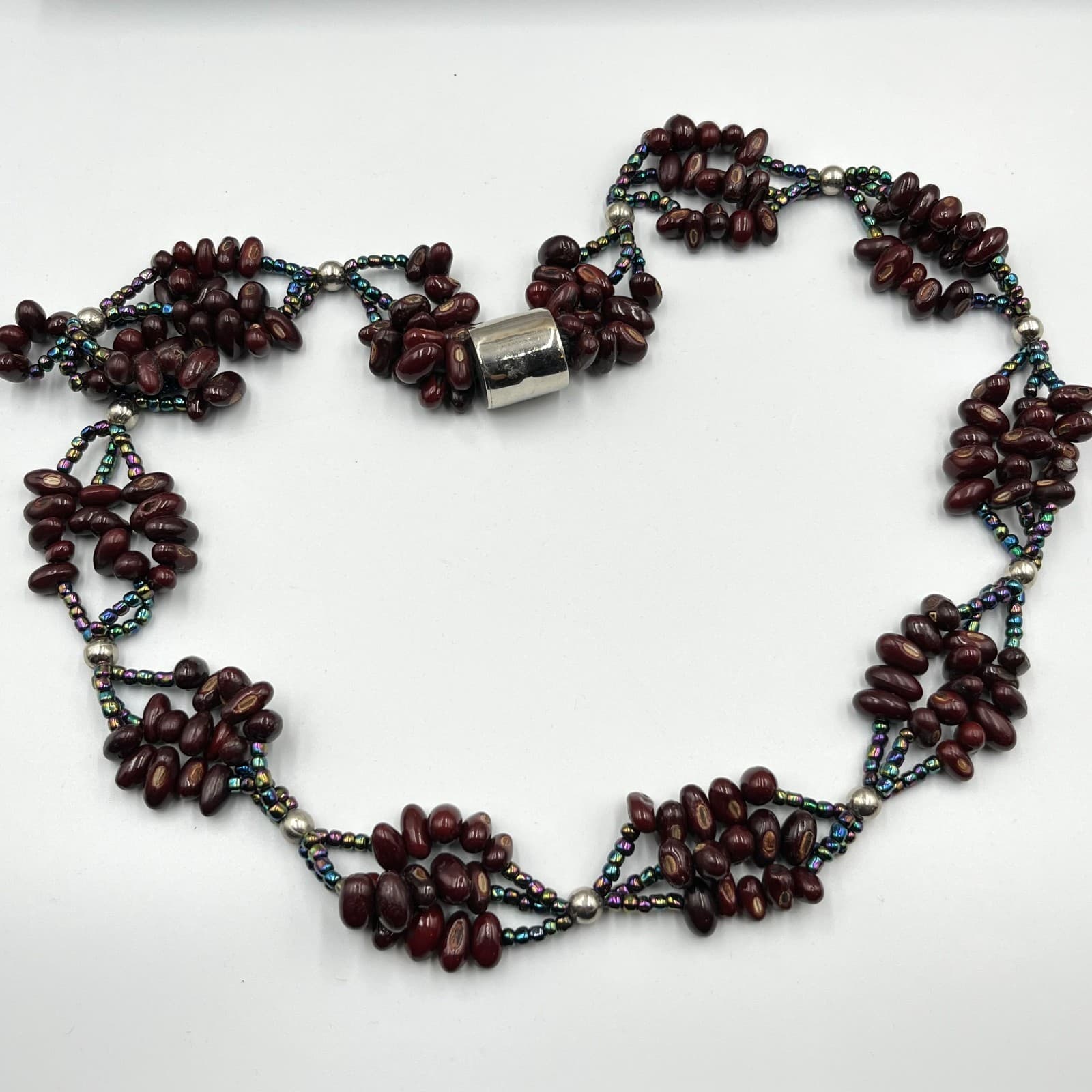 Vintage Boho Brown Seed Bead & Iridescent Glass Multi-Strand Statement Necklace - Thumbnail 2