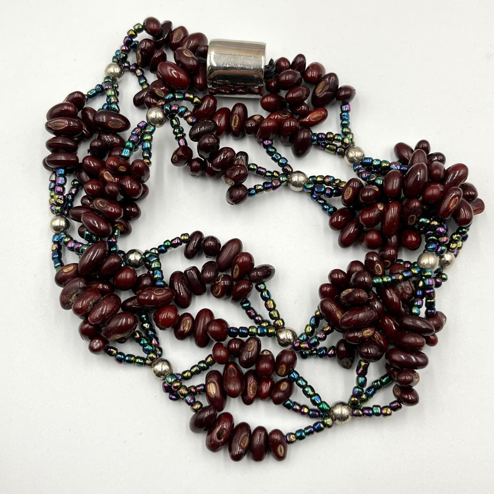 Vintage Boho Brown Seed Bead & Iridescent Glass Multi-Strand Statement Necklace - Thumbnail 5