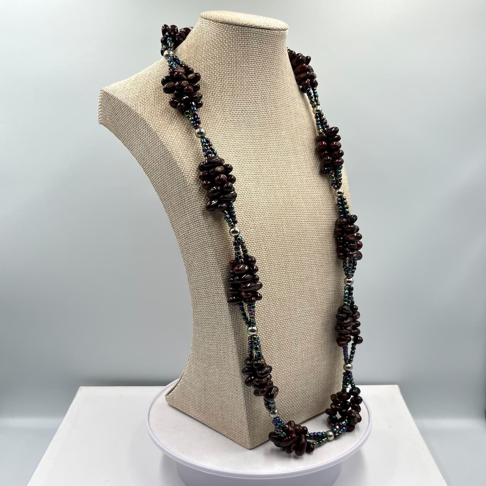 Vintage Boho Brown Seed Bead & Iridescent Glass Multi-Strand Statement Necklace - Thumbnail 6
