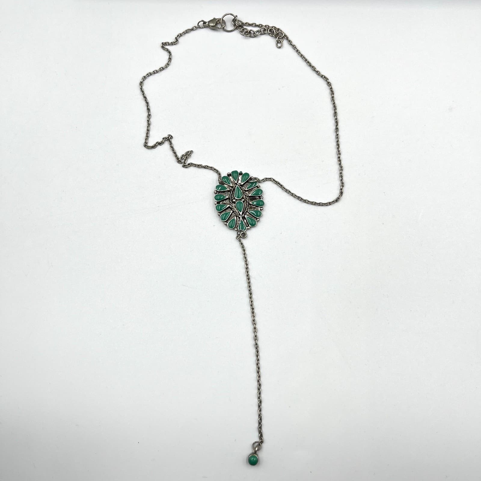 Vintage Style Green Enamel Teardrop Y-Necklace, Silver Tone Boho Lariat 14" - Thumbnail 2