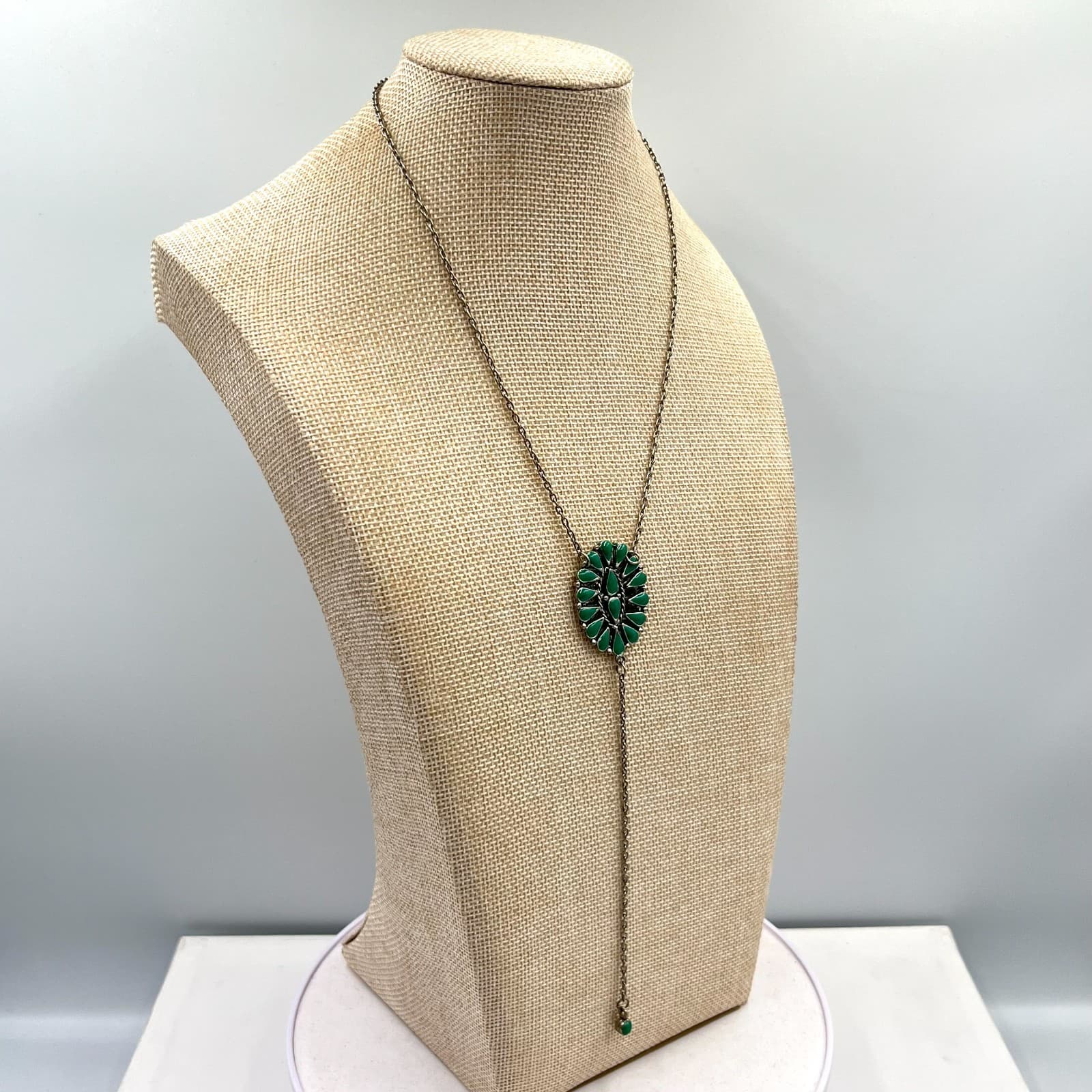 Vintage Style Green Enamel Teardrop Y-Necklace, Silver Tone Boho Lariat 14" - Thumbnail 5