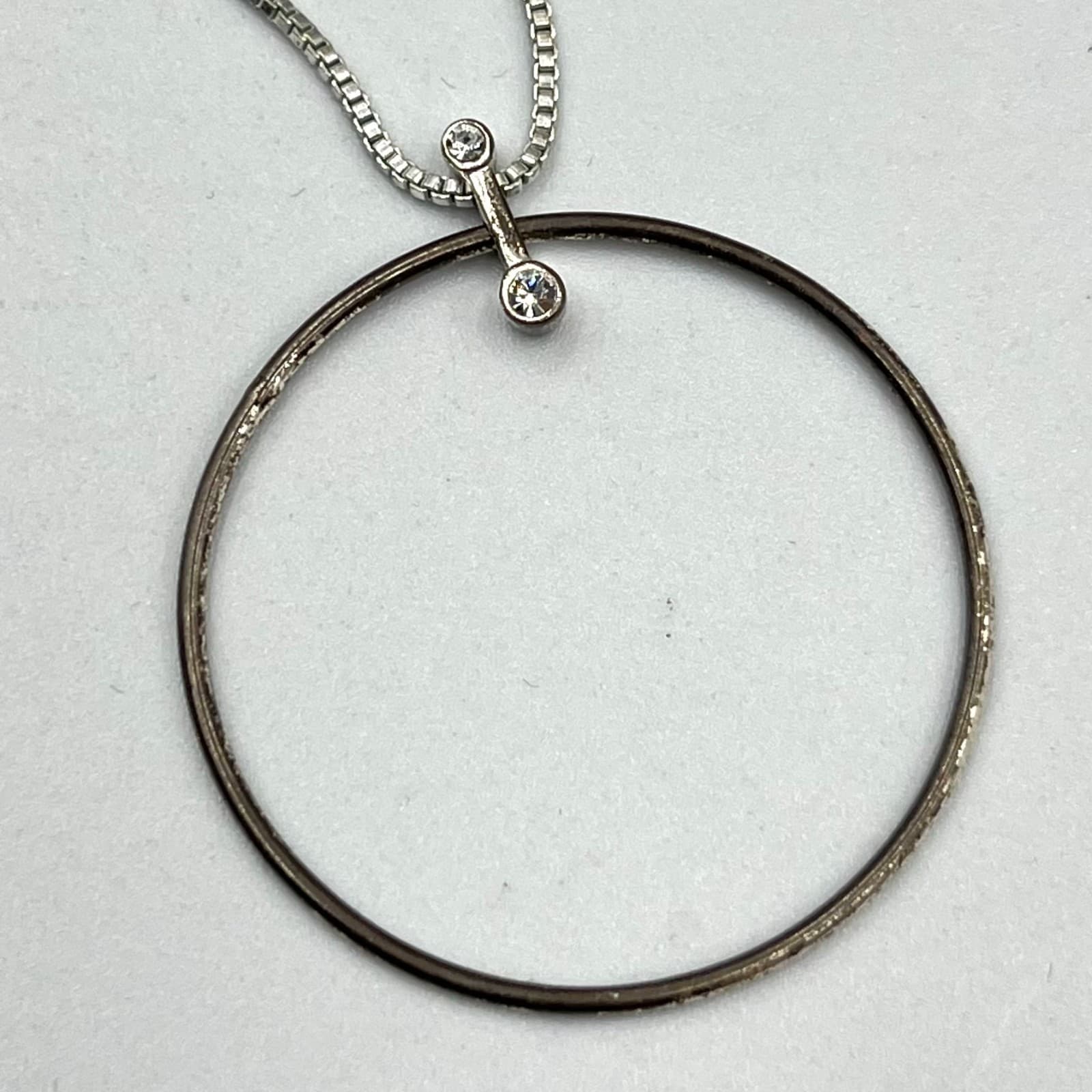 Vintage Pilgrim Silver Tone Circle Crystal Pendant Box Chain Necklace Minimalist - Thumbnail 3