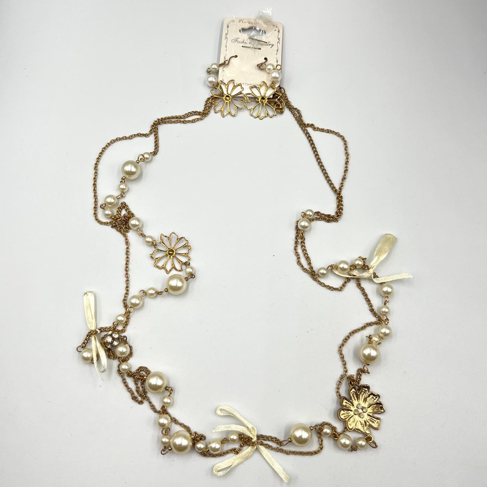 Vintage Style Gold Tone Pearl Floral Necklace & Earring Set White Ribbon Bows