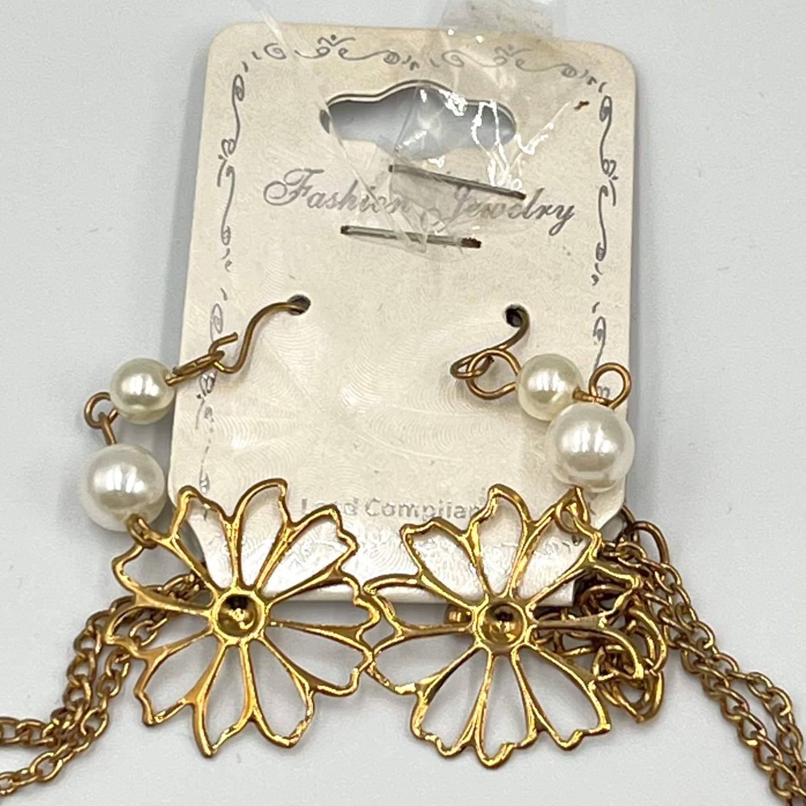 Vintage Style Gold Tone Pearl Floral Necklace & Earring Set White Ribbon Bows - Thumbnail 4