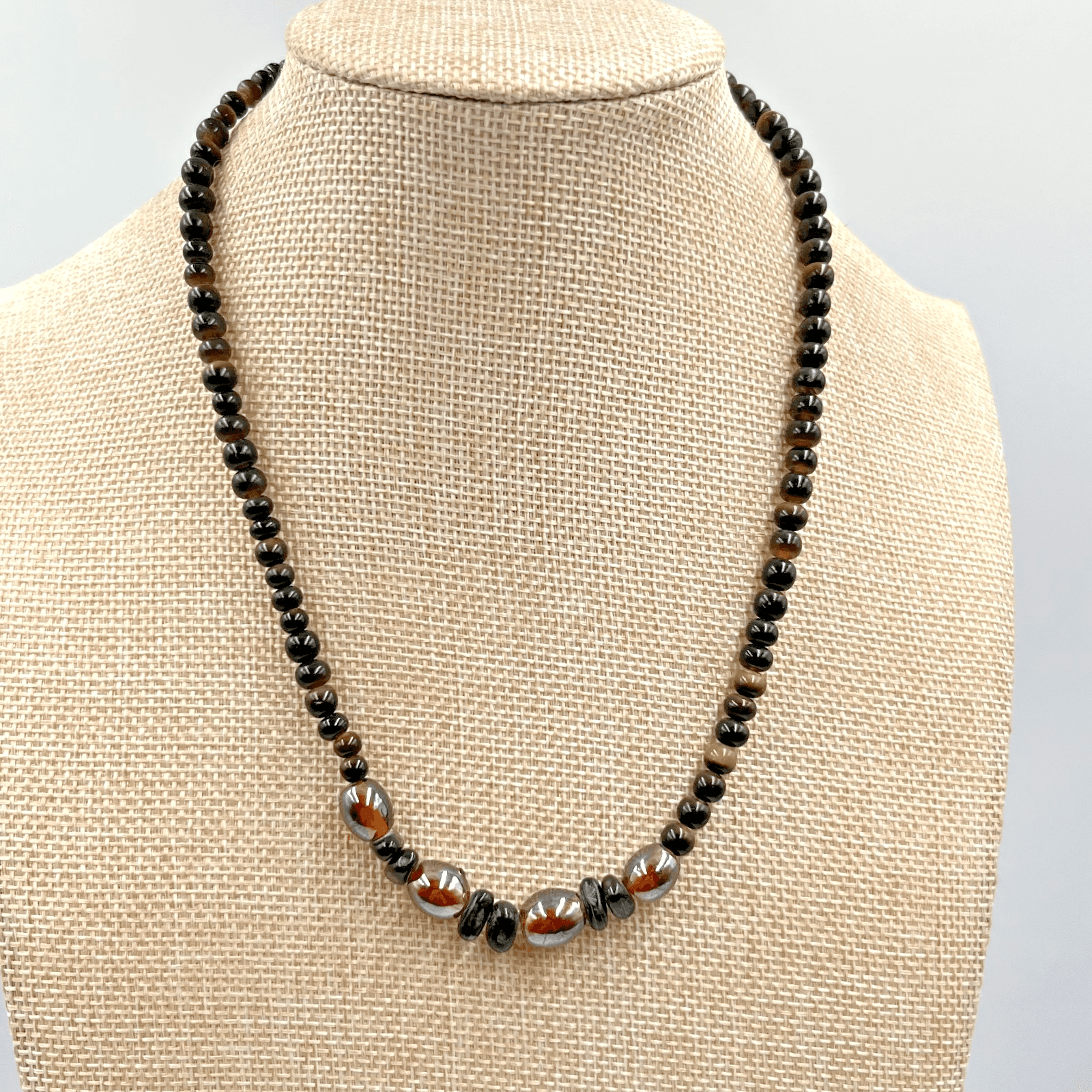 Vintage Earth Tone Tiger Eye & Glass Bead Choker Necklace Brown Boho Retro