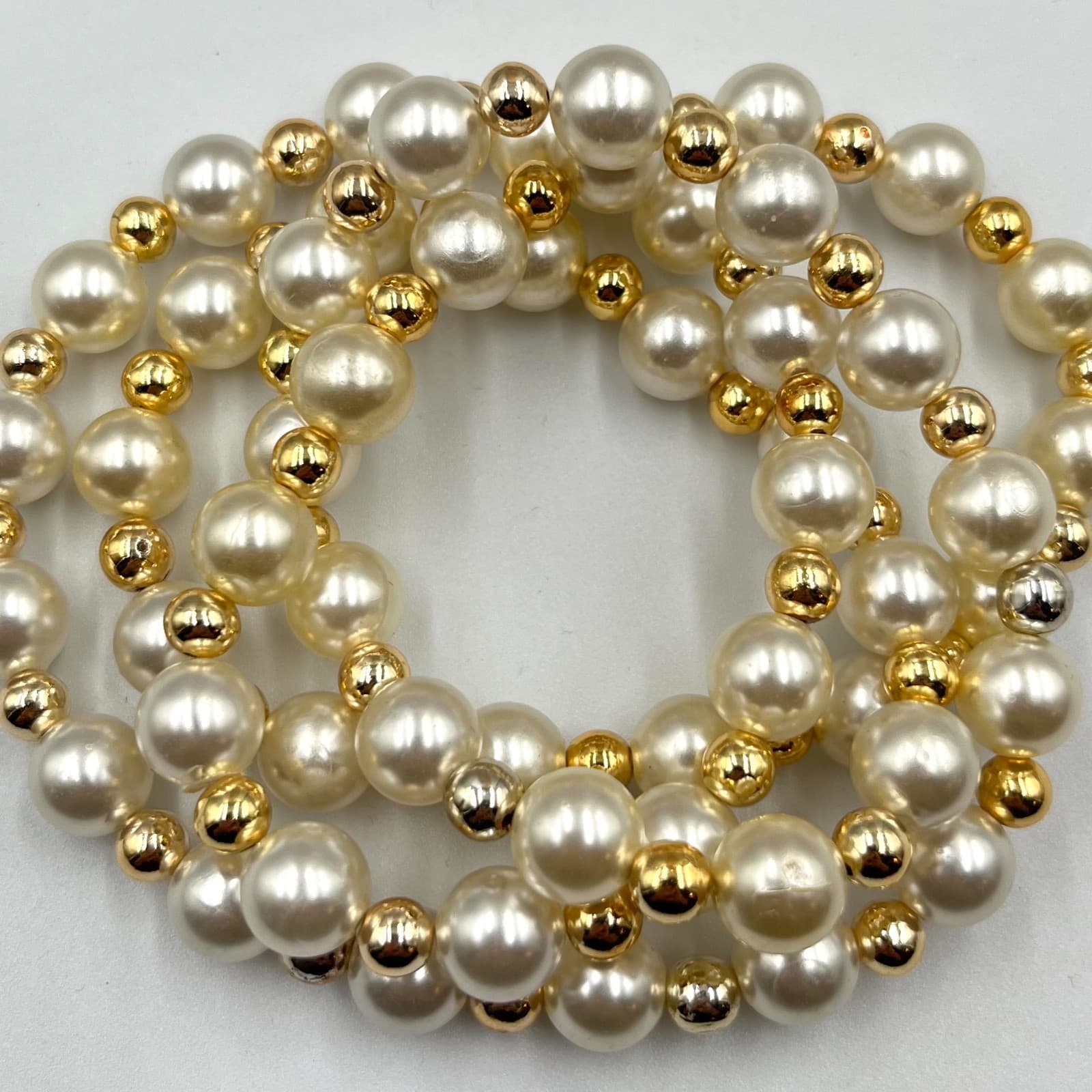 Vintage Cream Faux Pearl & Gold Tone Bead Operetta Necklace Long Retro Chic - Thumbnail 4