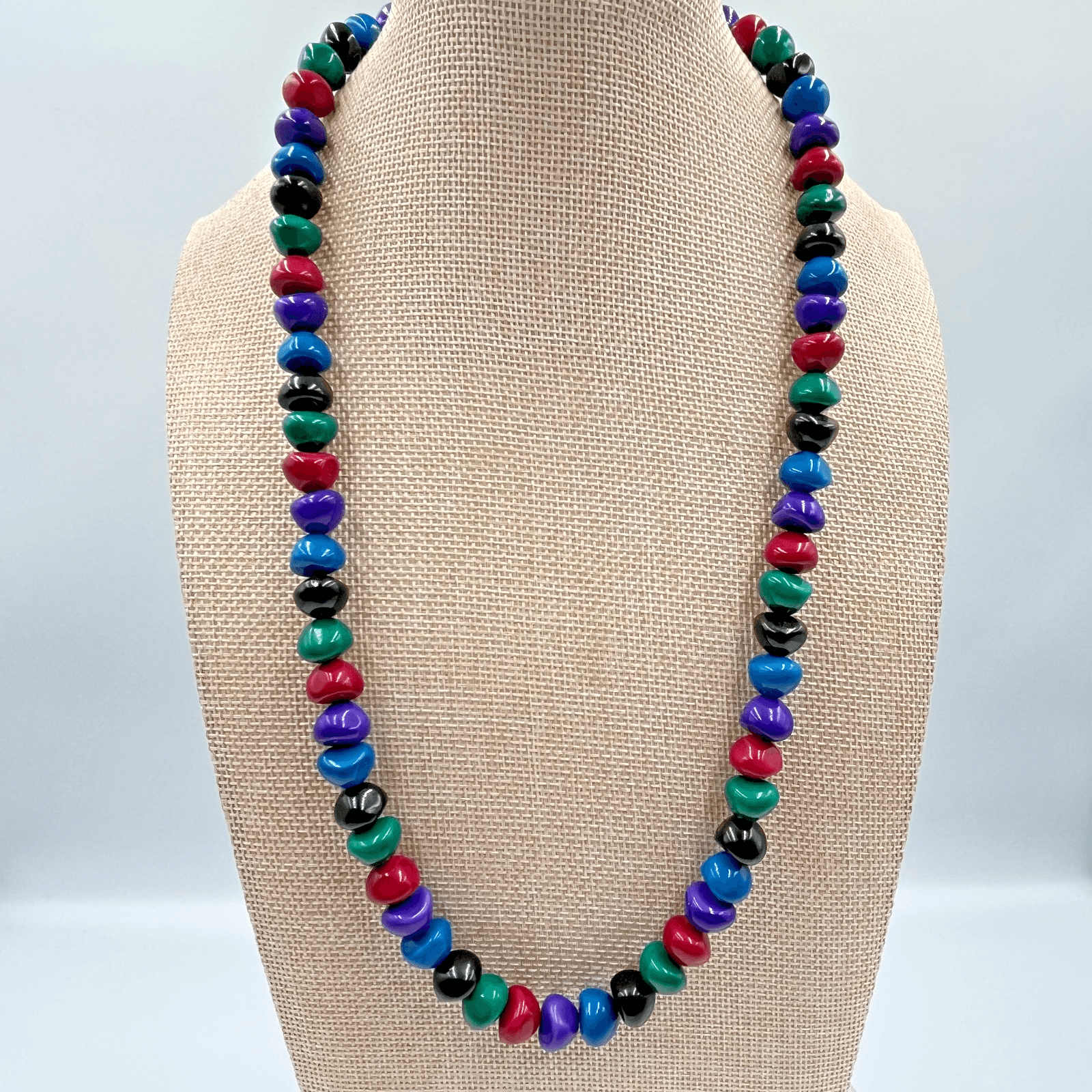 Vintage Retro Multi-Color Glass Pebble Bead Necklace Jewel Tone Boho 23" Fashion