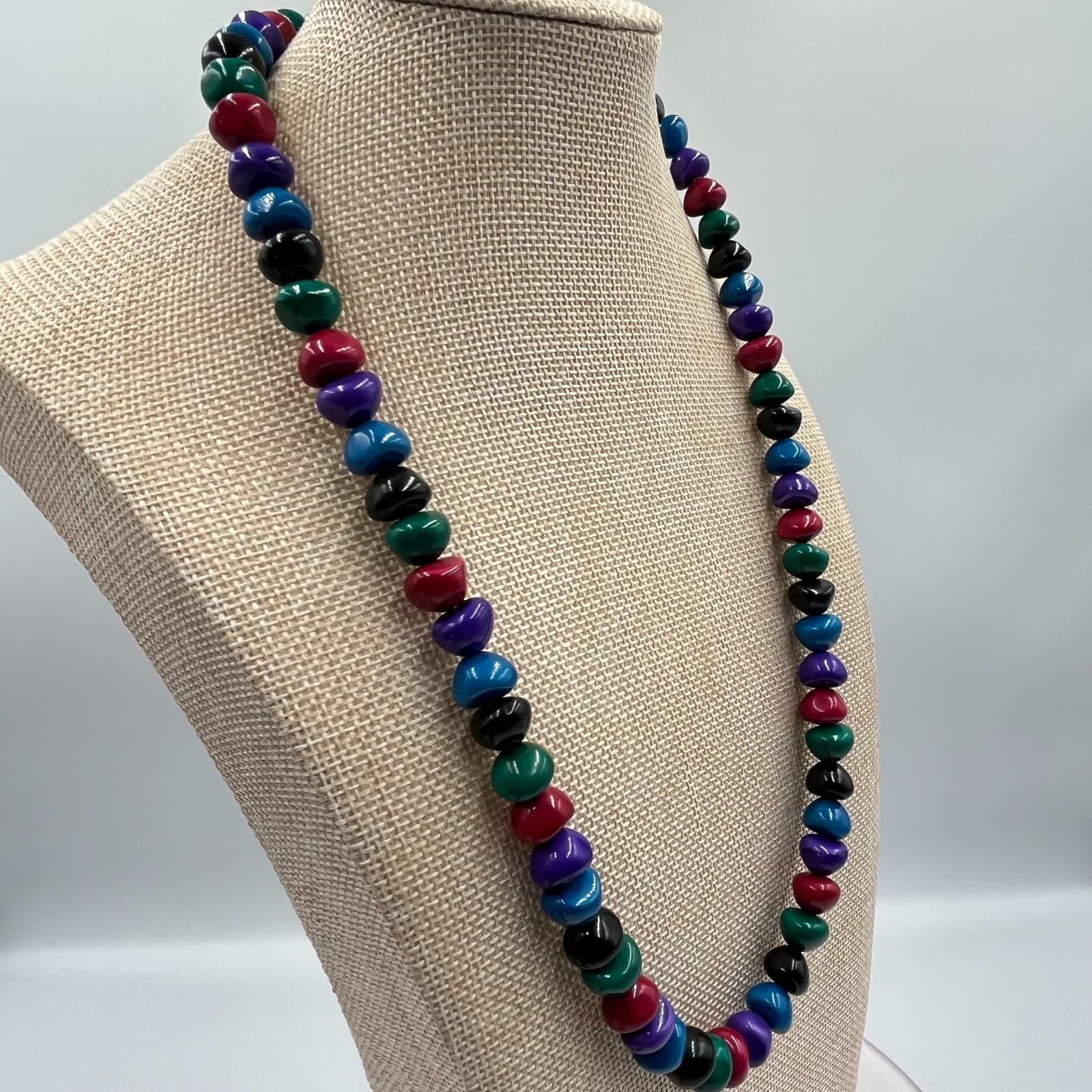 Vintage Retro Multi-Color Glass Pebble Bead Necklace Jewel Tone Boho 23" Fashion - Thumbnail 4