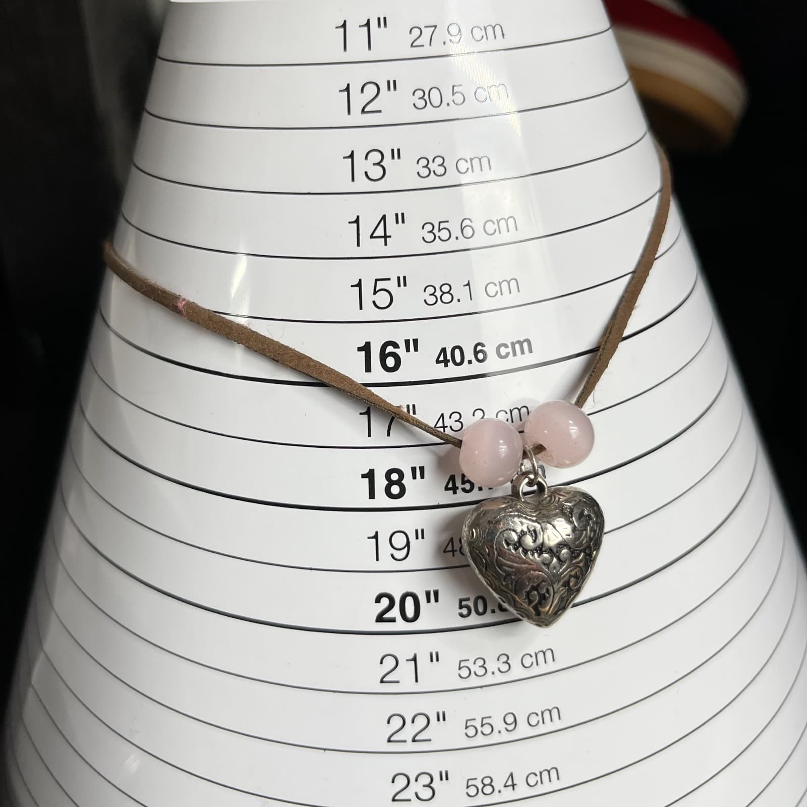 Vintage Boho Silver Ornate Filigree Heart Pink Bead Brown Suede Choker Necklace - Thumbnail 7
