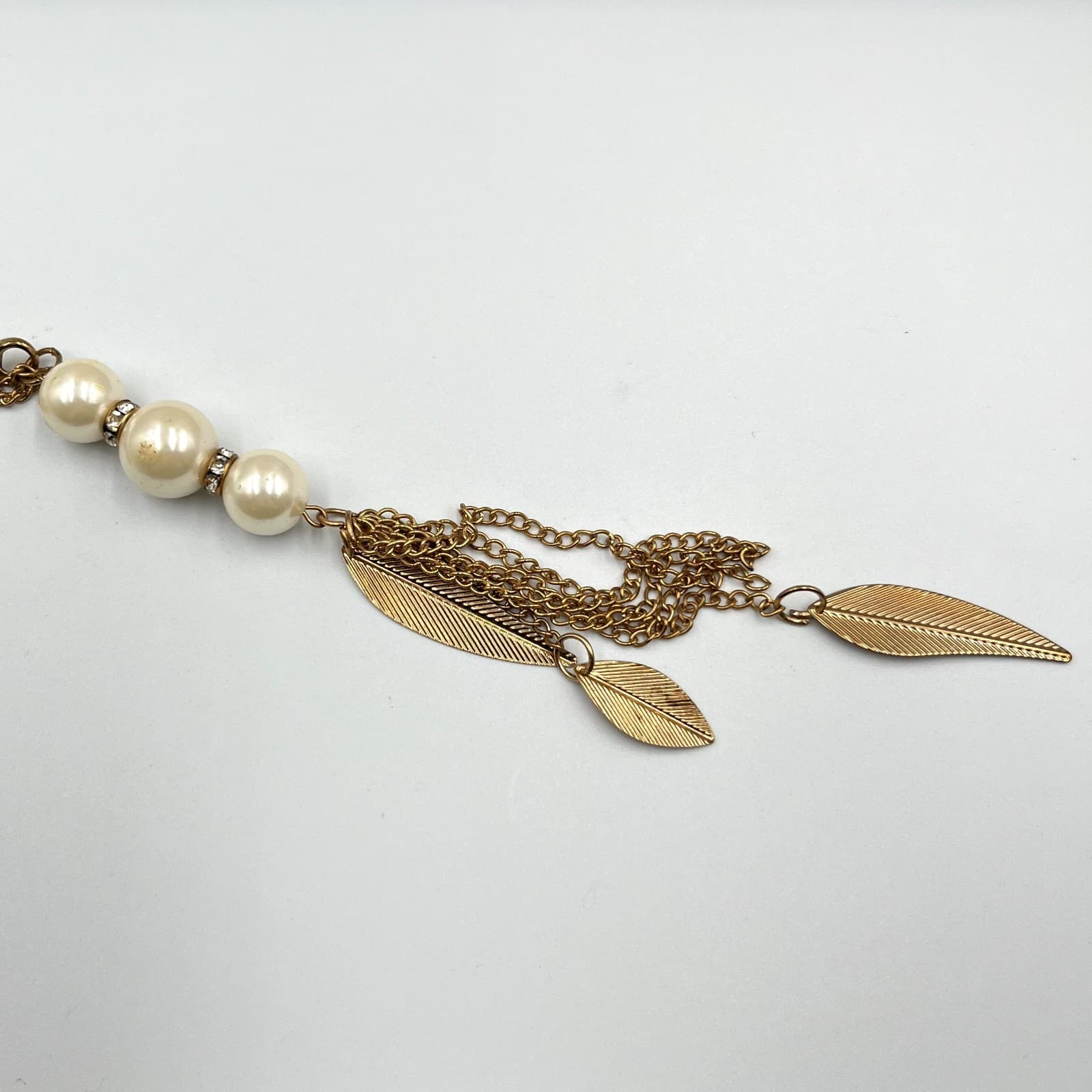 Vintage Boho Gold Tone Faux Pearl & Leaf Tassel Long Pendant Necklace Retro - Thumbnail 2