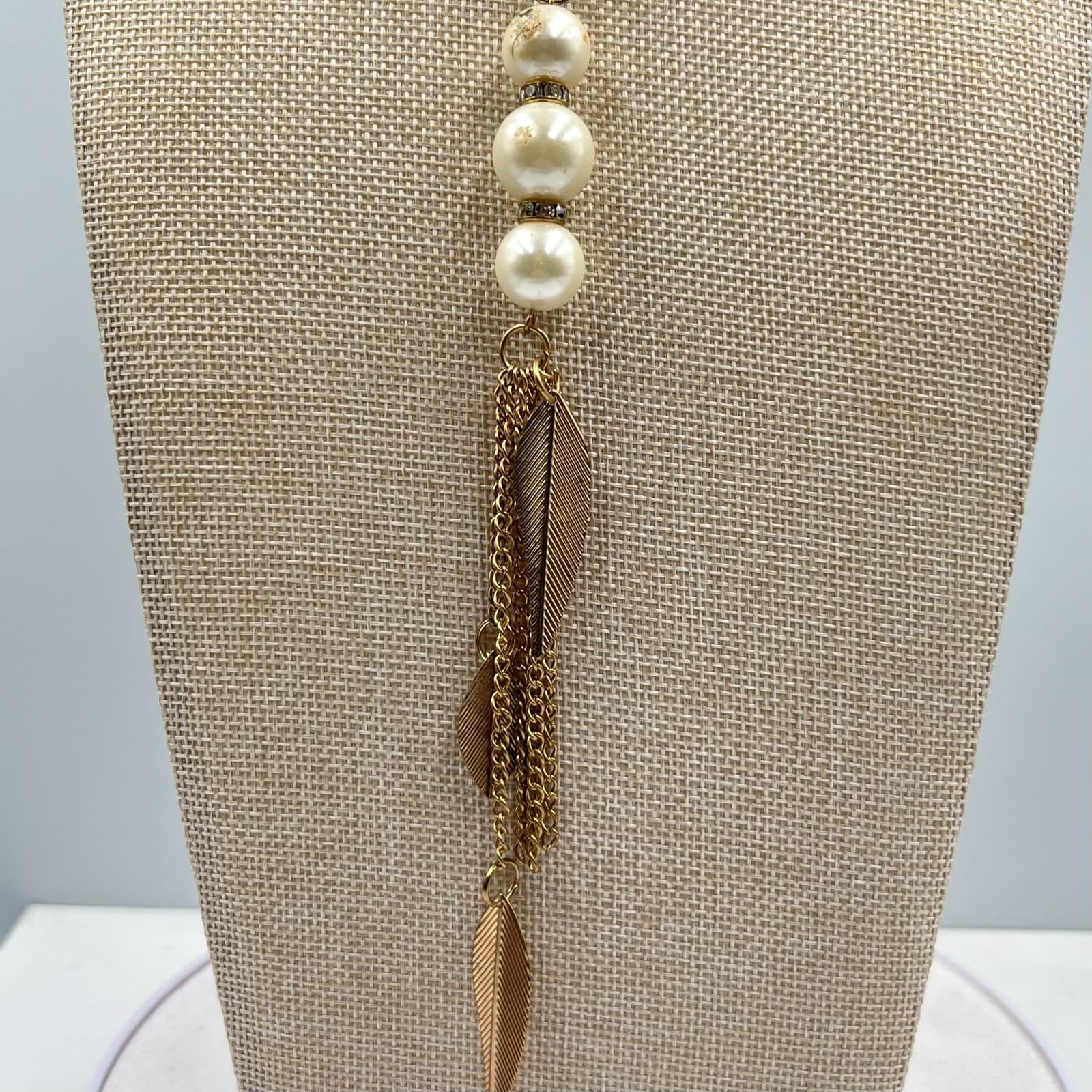 Vintage Boho Gold Tone Faux Pearl & Leaf Tassel Long Pendant Necklace Retro - Thumbnail 6