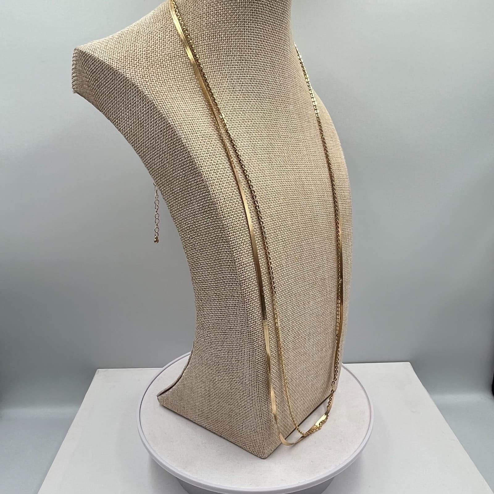 Vintage Modern Gold Layered Herringbone & Curb Chain Necklace Duo Fashion - Thumbnail 6