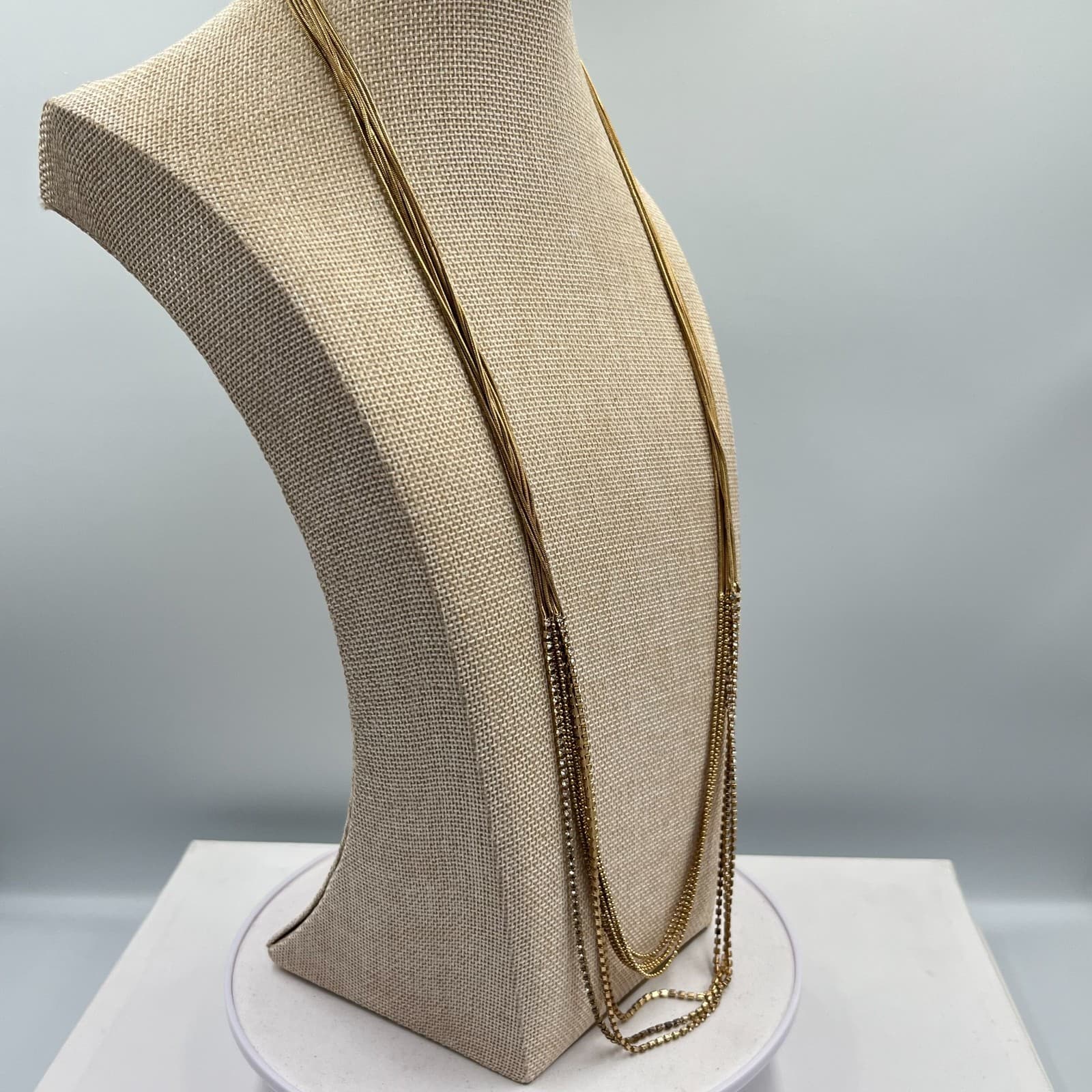 VTG Gold Tone Multi-Strand Snake & Rhinestone Chain Layered Necklace Retro Glam - Thumbnail 4