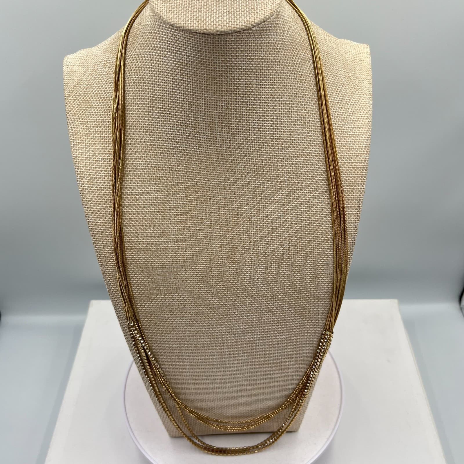 VTG Gold Tone Multi-Strand Snake & Rhinestone Chain Layered Necklace Retro Glam - Thumbnail 2
