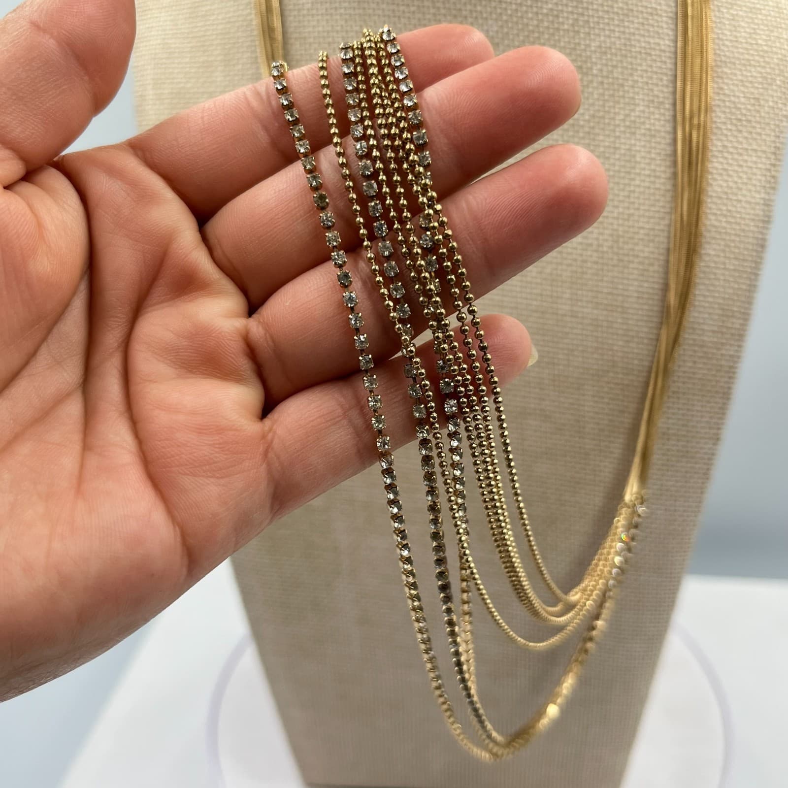 VTG Gold Tone Multi-Strand Snake & Rhinestone Chain Layered Necklace Retro Glam - Thumbnail 3