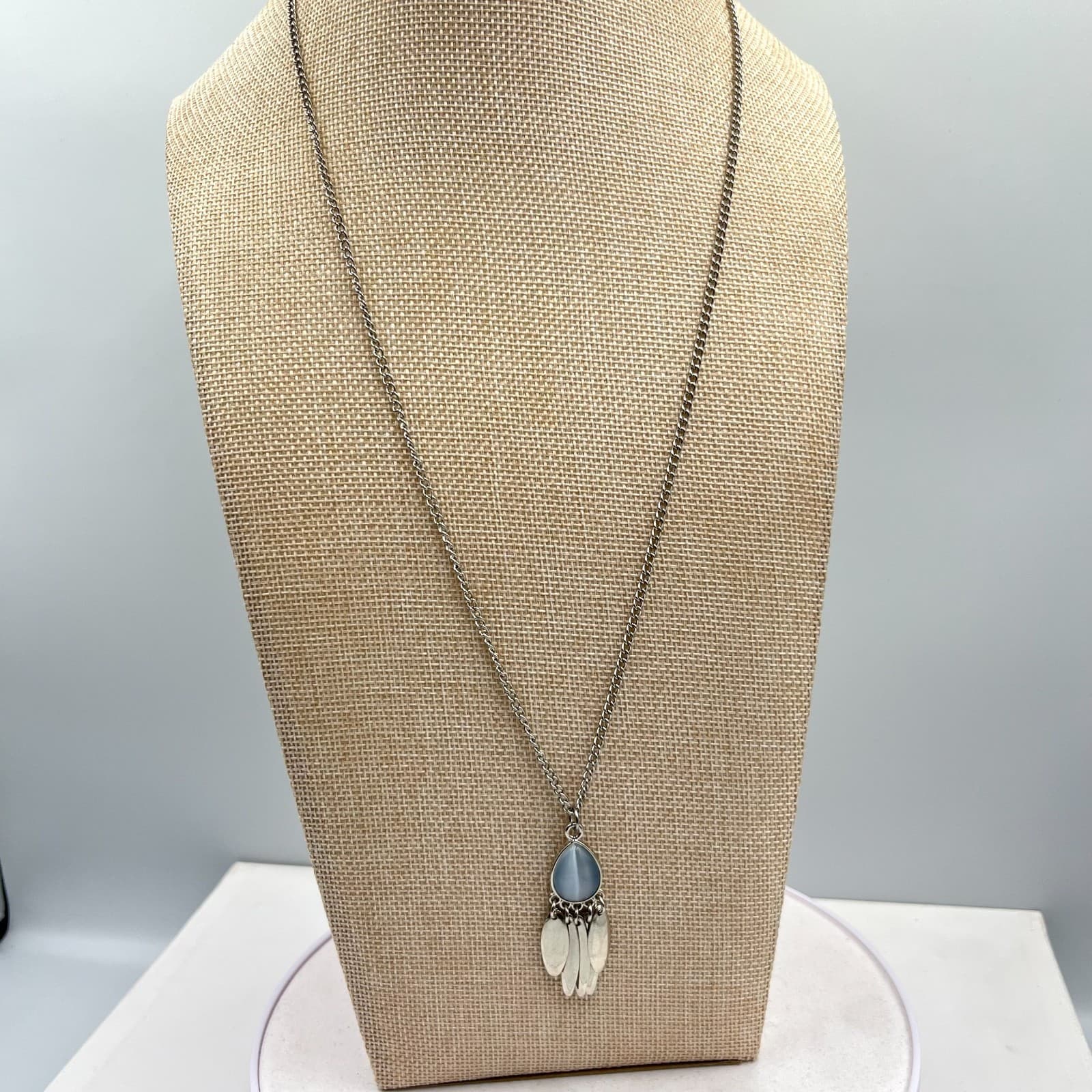 Vintage Boho Silver Tone Blue Moonstone Teardrop Tassel Pendant Necklace Y2K - Thumbnail 2
