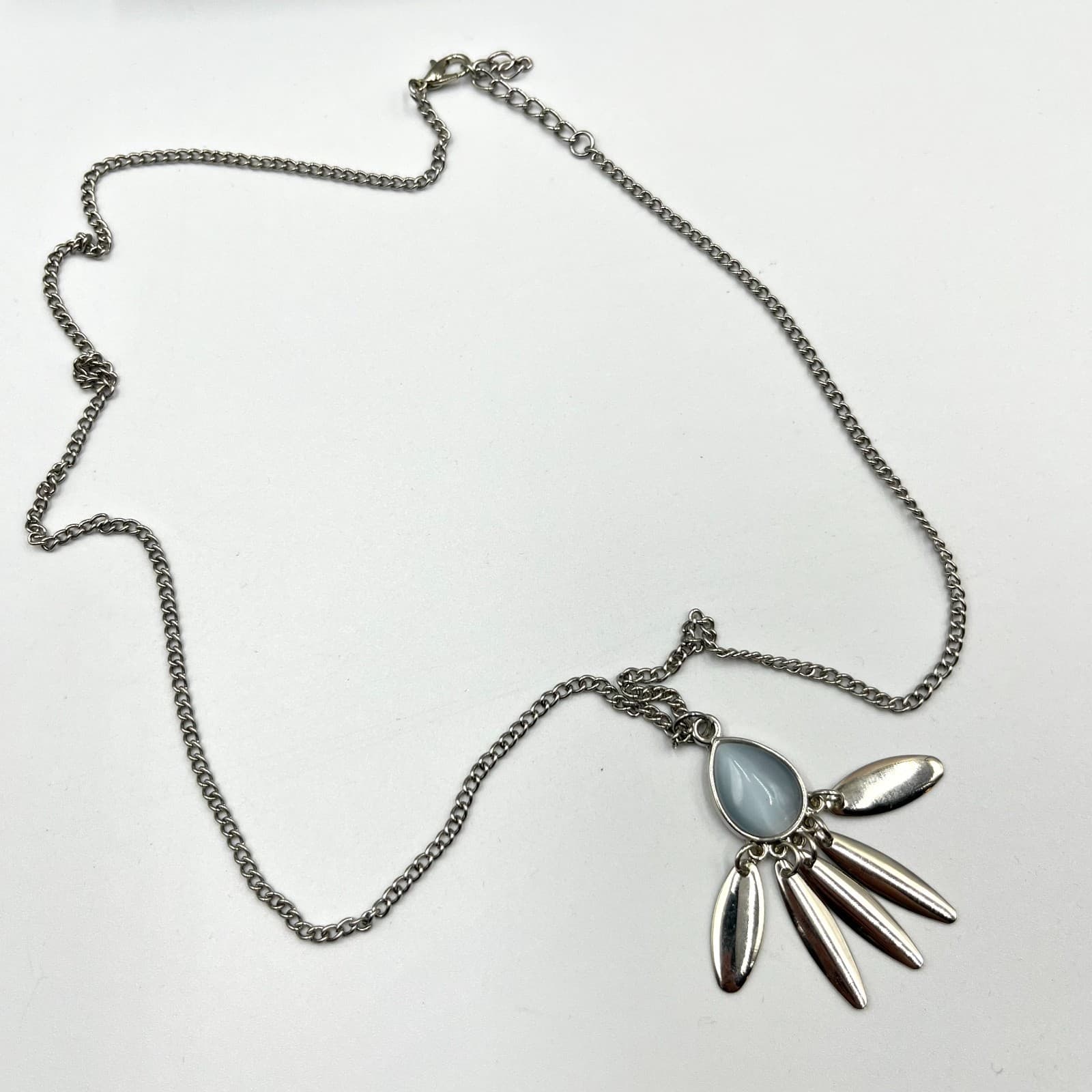 Vintage Boho Silver Tone Blue Moonstone Teardrop Tassel Pendant Necklace Y2K - Thumbnail 3