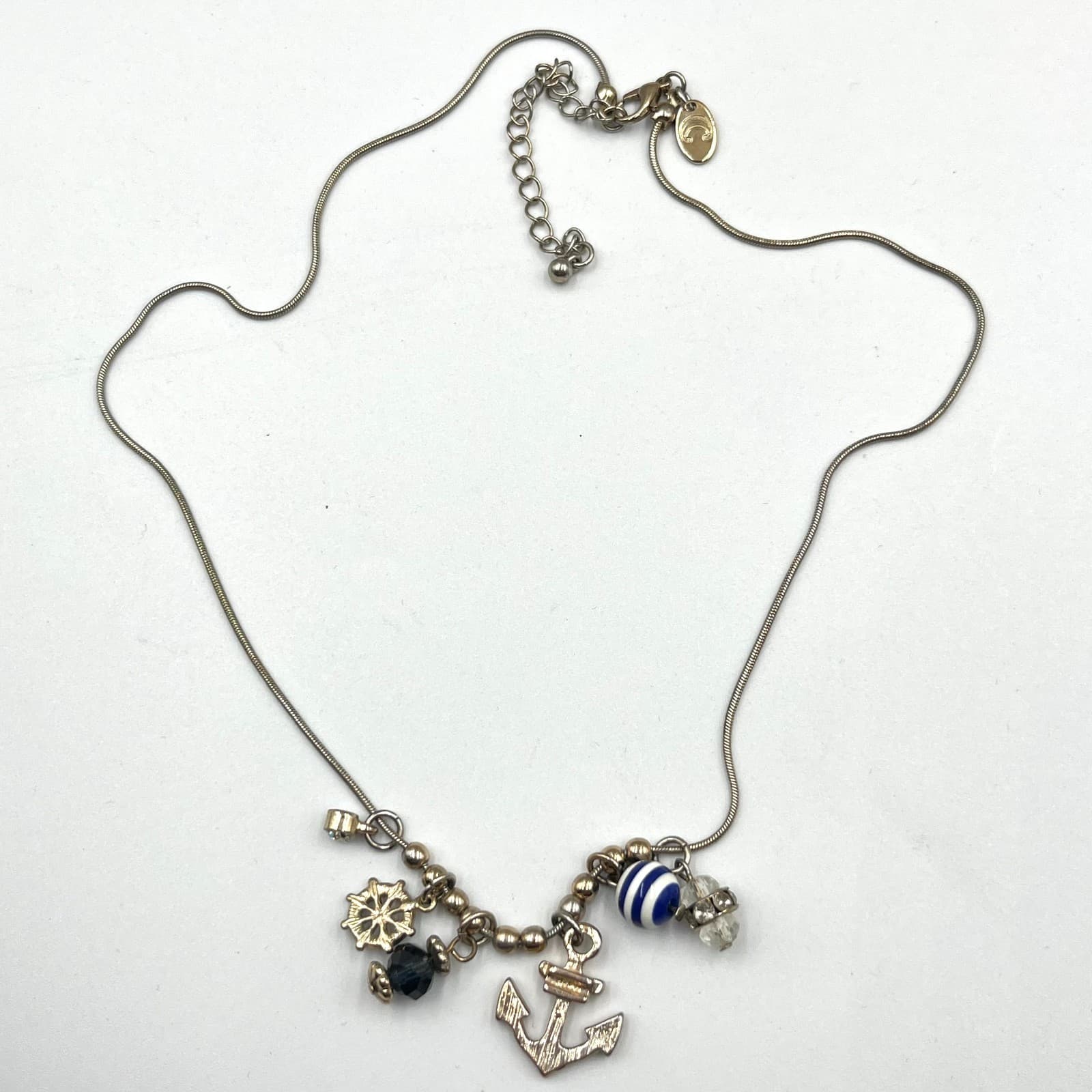 VTG Charming Charlie Nautical Anchor & Wheel Charm Necklace Crystal Snake Chain - Thumbnail 3