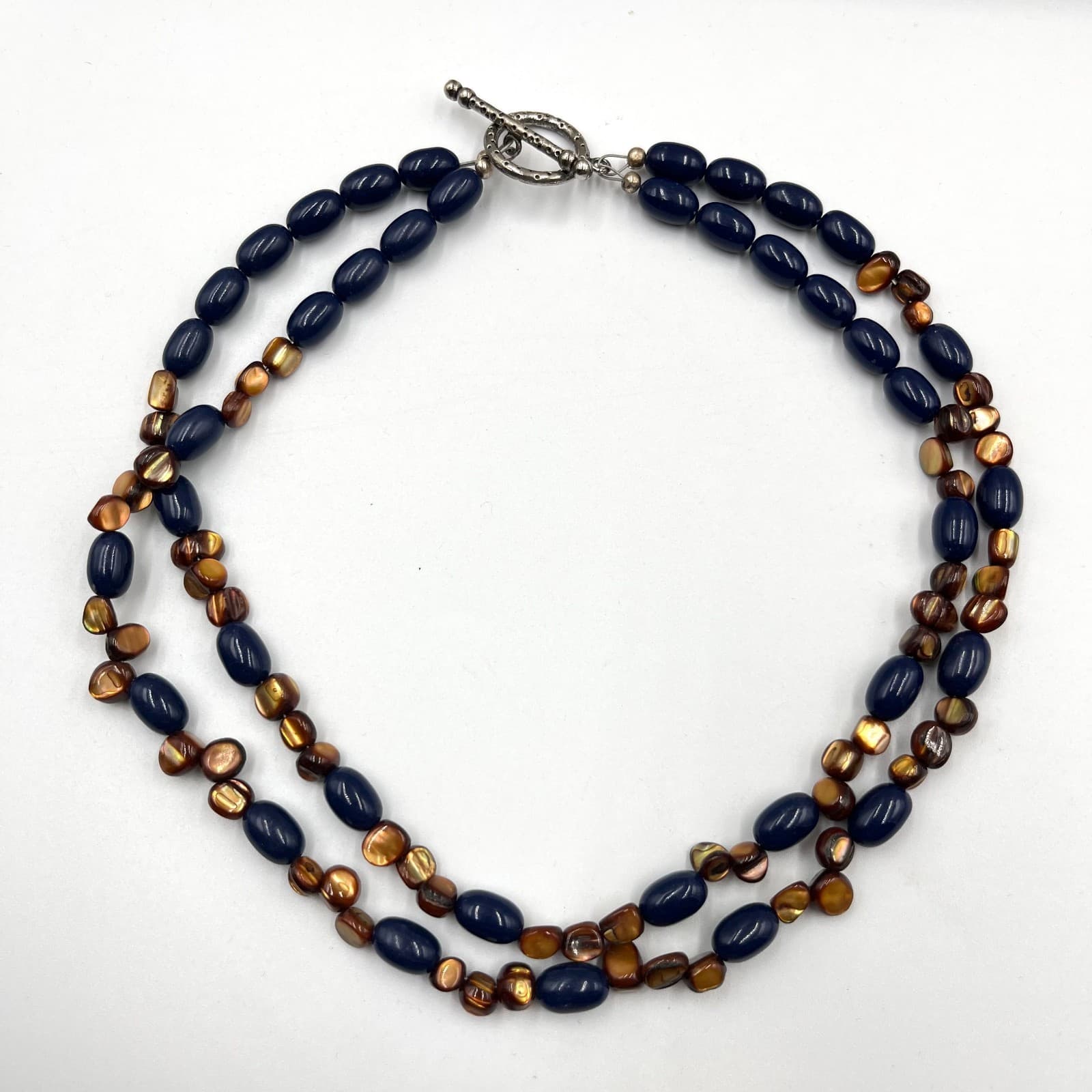 Vintage Boho Double Strand Blue & Bronze Shell Bead Toggle Necklace 16-18" - Thumbnail 2