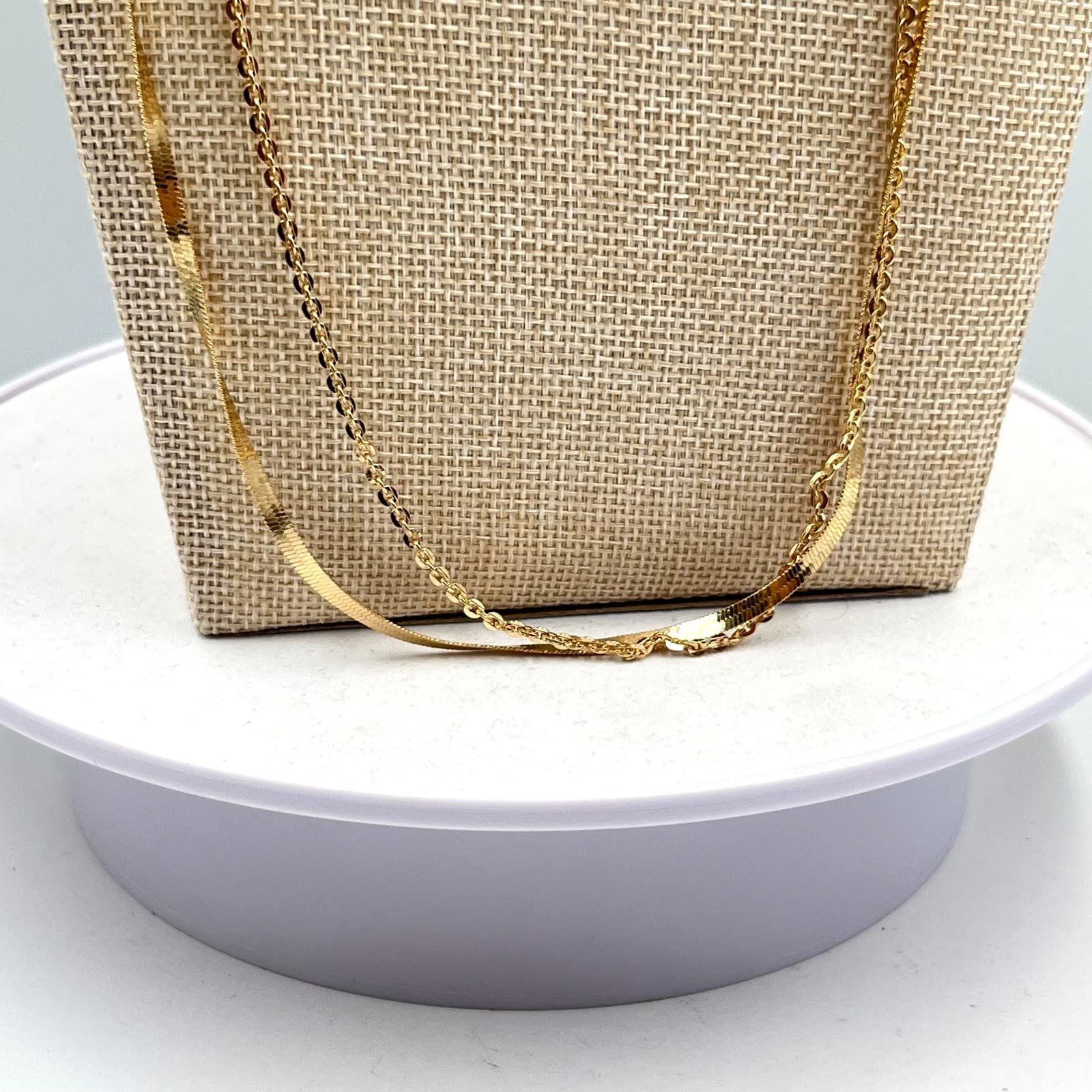 Vintage Modern Gold Layered Herringbone & Curb Chain Necklace Duo Fashion - Thumbnail 5