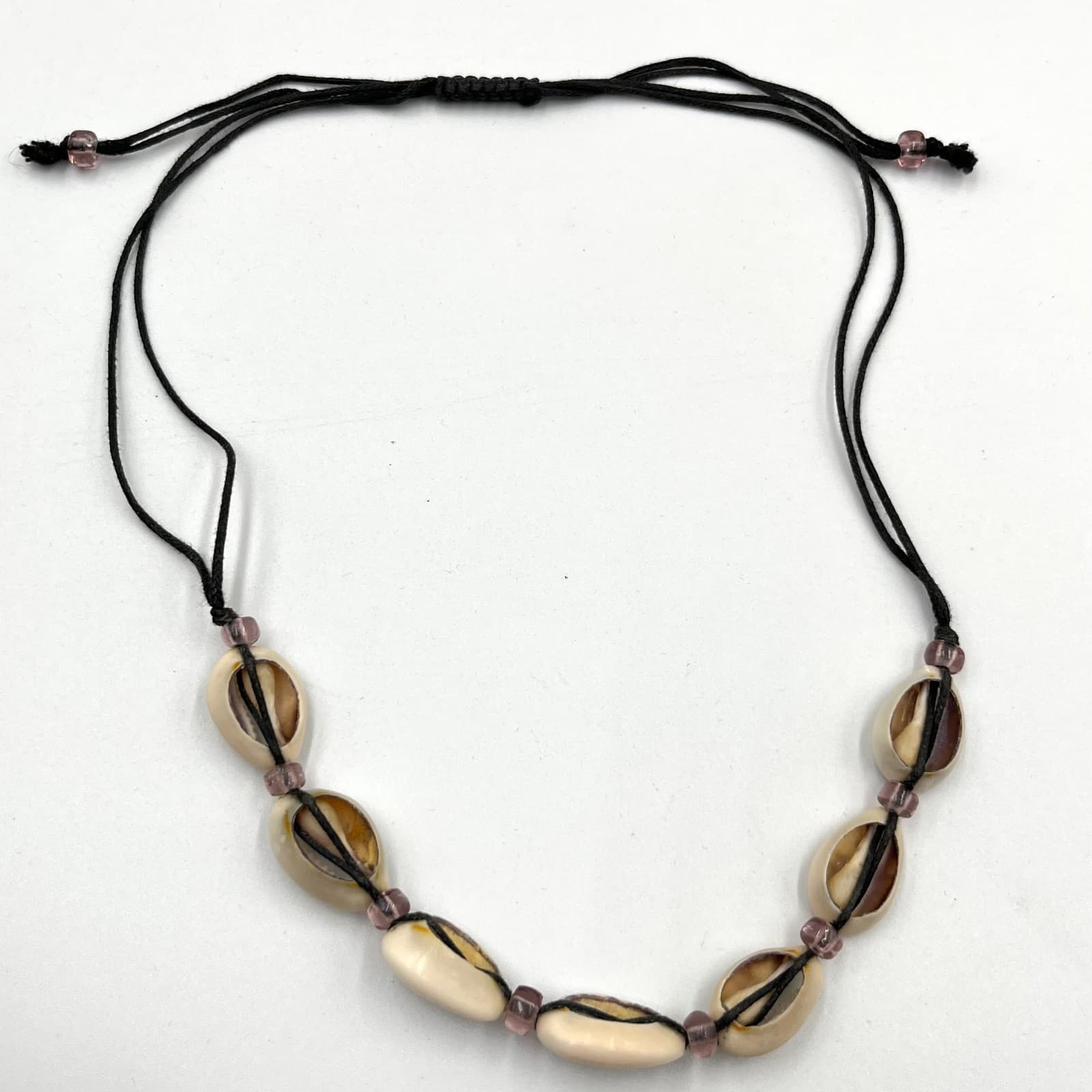 Vintage Y2K Boho Cowrie Shell Choker Necklace Black Cord Purple Glass Beads - Thumbnail 2