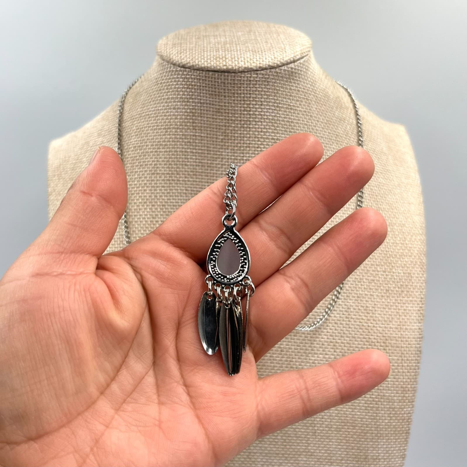 Vintage Boho Silver Tone Blue Moonstone Teardrop Tassel Pendant Necklace Y2K - Thumbnail 7