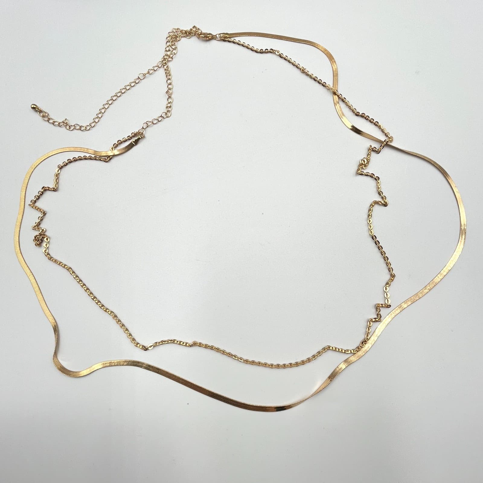 Vintage Modern Gold Layered Herringbone & Curb Chain Necklace Duo Fashion - Thumbnail 2